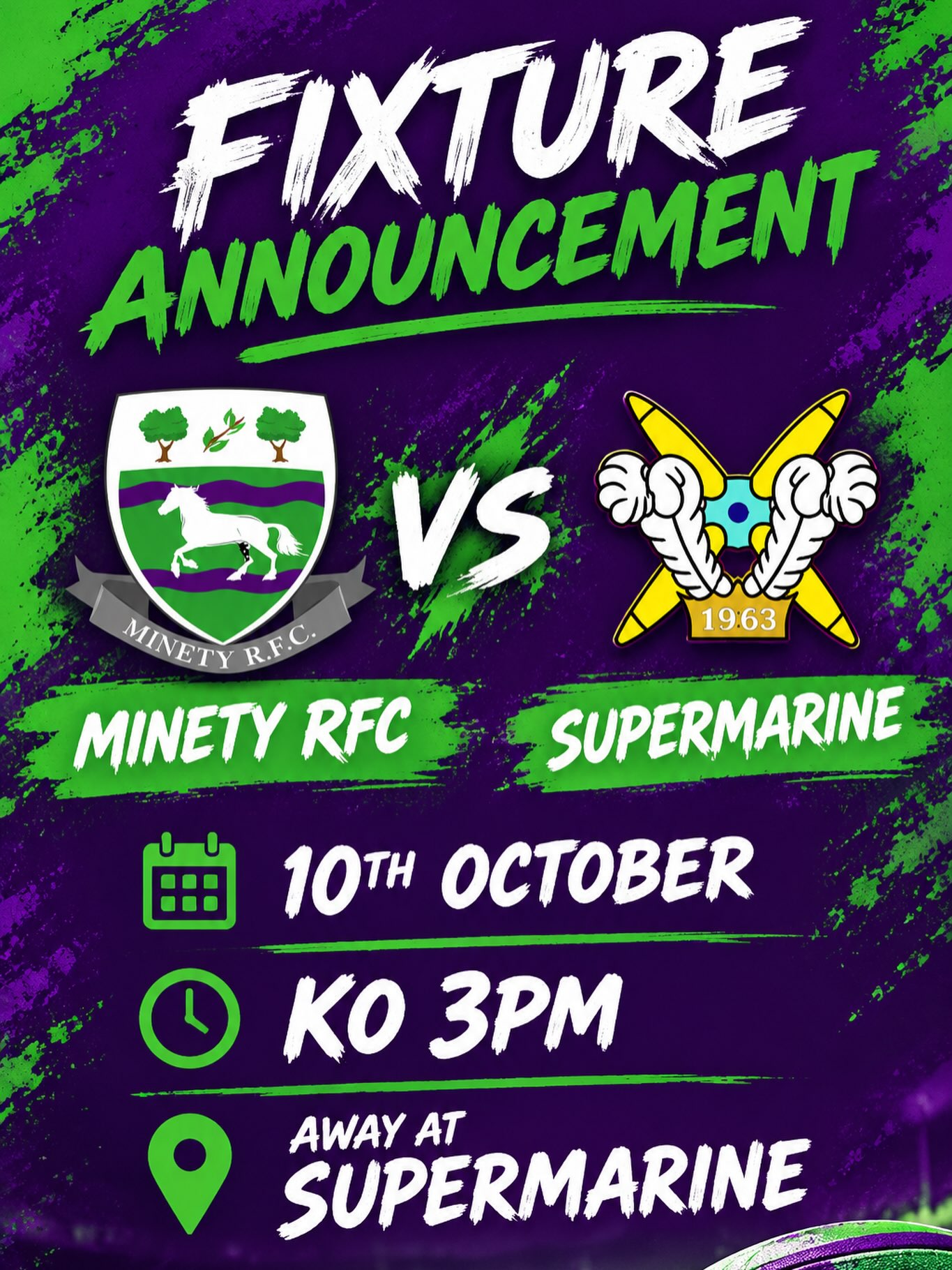 🏉💜💚 FIXTURE ANNOUNCEMENT 💚💜🏉
We’re back on the road this Saturday as Minety RFC take on Supermarine! 💪
📅 10th October
⏰ KO 3PM
📍 Away at Supermarine
Come on, Minety! 💜💚
And yes… Admin is away from his laptop today, so we’ve gone for a slightly different look! 😂📱
Get behind the boys! 💜💚