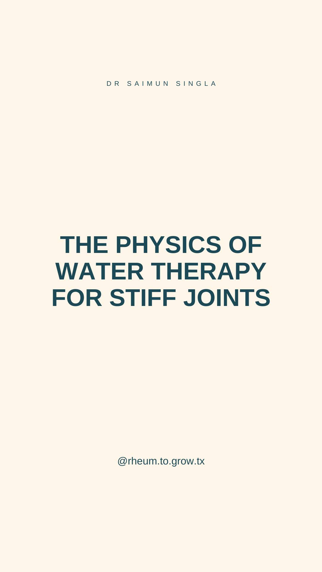 If you have inflammatory arthritis and your joints won't cooperate on land, water might change the math for you.
I want to walk you through what actually happens in your body when you exercise in water, and be honest about what the science shows.
💧 Buoyancy: water carries part of you
Step into a pool up to your waist, and your joints only feel about half your body weight. Chest-deep, that drops to roughly a quarter. Neck-deep, it's about 10-15%.
For someone whose hip or knee pain limits them to a slow walk, that offloading can open up movement that wasn't possible on land.
Real joint pressure studies confirm it. Knee and hip forces drop by around 36-55% in chest-high water compared to the same activity on land.
Small but important: if you move fast in water or use resistance equipment, the drag can actually spike joint forces. Slow, thoughtful movements are the point. Not aggressive cardio.
🌊 Hydrostatic pressure: the whole-body compression effect
Water pushes on you from every angle. That gentle pressure is thought to help push fluid out of swollen limbs and back toward the core, and it changes how your circulation works.
About 700 mL of blood shifts from your legs and arms toward your chest the moment you step in. Your heart adjusts accordingly.
One safety note worth knowing: that cardiac shift happens before you even start exercising. If you have significant heart disease or uncontrolled heart failure, check with your doctor before starting aquatic therapy. Most people are completely fine. Some people need to know.
🔥 Warmth: why therapy pools aren't regular pools
Therapy pools sit around 89-97°F. Warmer than the pool at your local gym.
Warm water relaxes tight muscles, increases blood flow, and can dial down pain signals from stiff joints. Many patients tell me they can move joints in a warm pool that feel locked up on land.
That's not in your head. That's your nervous system responding to a friendlier environment.
#rheumatoidarthritis #aquatictherapy #hydrotherapy #autoimmunedisease #integrativemedicine #jointhealth #rheumtogrow