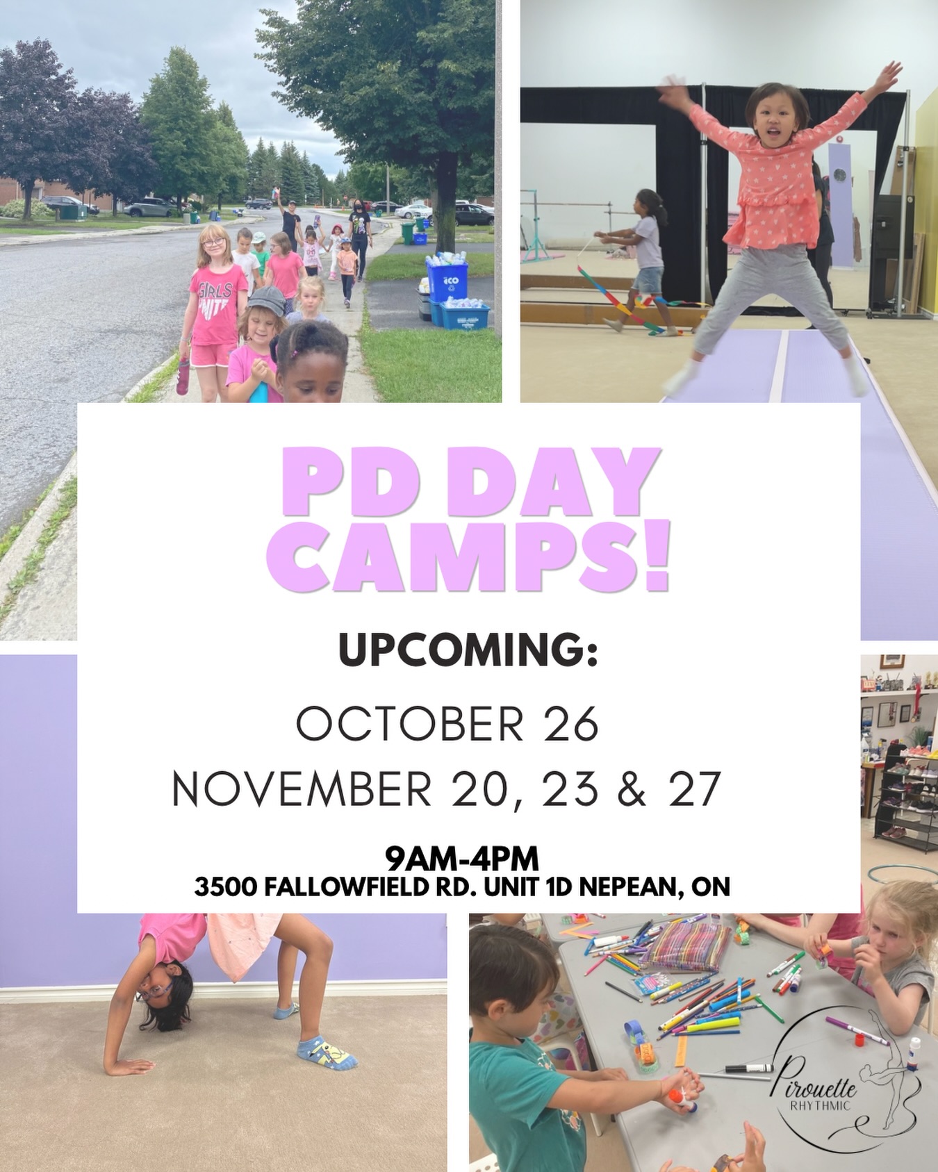 Now offering: PD DAY CAMPS!🤸🏻♀️
Join us for a fun day full of gymnastics, games, dance, crafts & more! We currently have four PD day camps upcoming this Fall:
October 26
November 20, 23, 27
Camps will run from 9am-4pm at our Fallowfield studio location.
$75 per day
📲Register online now: https://app.amilia.com/store/en/pirouetterg/shop/programs/calendar/136104?view=mobileListView&scrollToCalendar=true
www.pirouetterg.com
info@pirouetterg.com
613-981-7742
#pdday #ocsb #ocdsb #cecce #cepeo
