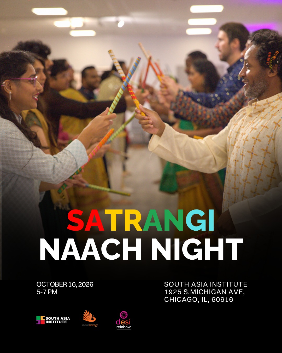 🎉 Satrangi Naach Night is back -- Join @southasiainstitute, Desi Rainbow and @trikonechicago in a queer affirming celebration of the season through music and dance in Chicago on October 16th!
💃🏽 Open to adults and children of all ages, cultural traditions & backgrounds, (and especially the LGBTQIA2S+ community, their parents, family members, and allies!), learn the steps of Garba with our friendly instructors and vibe to a mix of traditional Garba/Raas tunes and modern beats.
🥻Wear your most vibrant, expressive, and gender-expansive outfits. Traditional South Asian attire is welcome too. Feel free to add your unique flair!
🎟️ Tickets available now: link in linktree and https://tinyurl.com/naachnite
#garba #desidance #navaratri #fall #festival #desiqueer #desidance #chicago