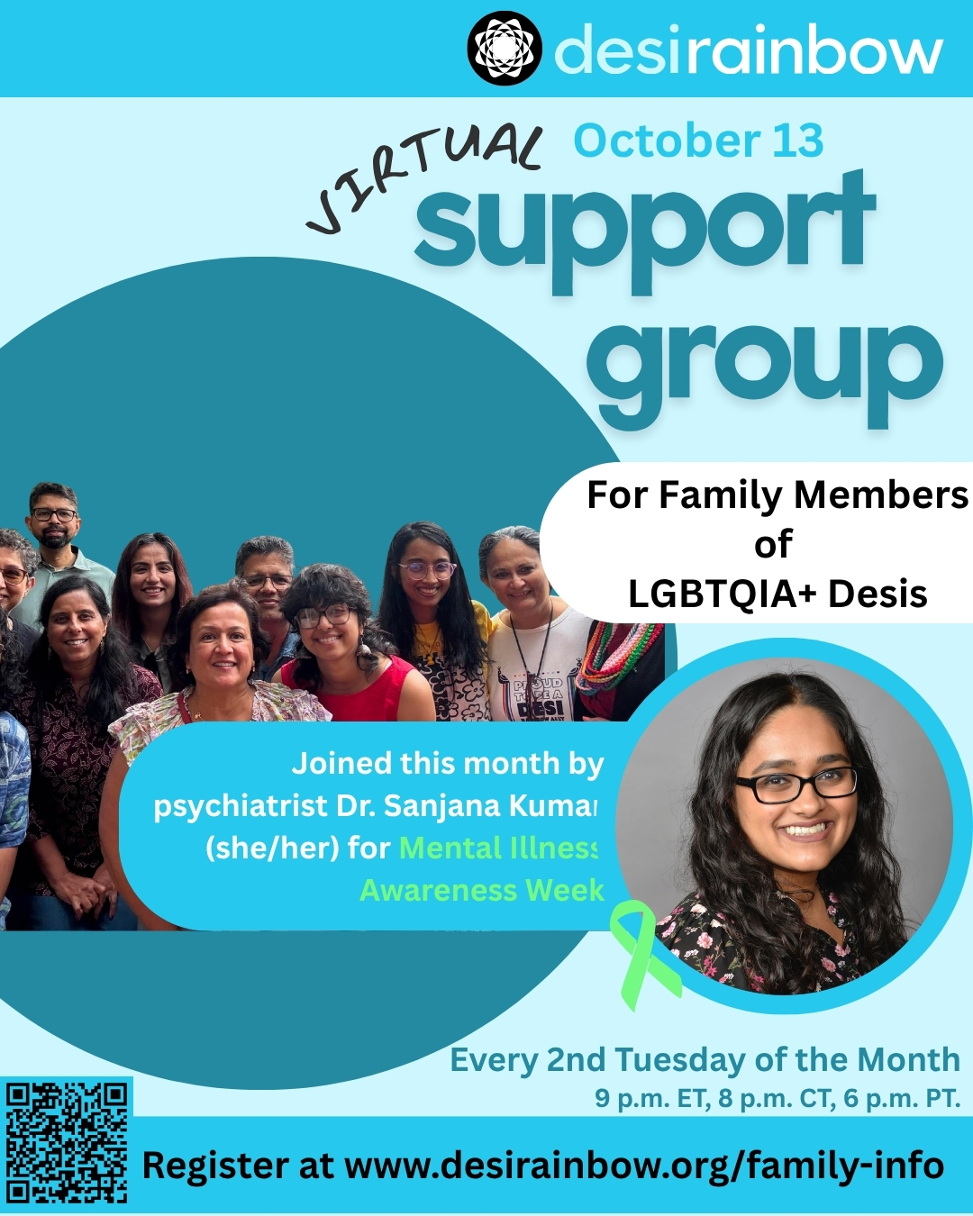 🤗 We invite South Asian parents and family members of LGBTQIA+ people to join our virtual Support Group for family members. The group will meet on Tuesday, October 13, at 9 p.m. Eastern, 8 p.m. Central, and 6 p.m. Pacific.
💚 We are prioritizing our mental health during #MentalIllnessAwarenessWeek with support provided by psychiatrist Dr. Sanjana Kumar (she/her). You can share and vote on questions you would like to see discussed at tinyurl.com/DRFamilyGroupQuestions
👉🏽 Joining for the first time? You'll need to register at least 2 hours before the meeting at www.desirainbow.org/family-info to receive the meeting link. (Link in bio)
💟 This is a monthly 90-minute peer-to-peer support and discussion group that's for family members (siblings, grandparents, aunts, uncles, chosen family etc.) of LGBTQIA+ Desis of all ages.
🥰 Join us in creating an affirming world for LGBTQIA+ Desis and their families at desirainbow.org/membership
#MentalIllnessAwarenessWeek #MIAW #Ally #LGBTQIA #DesiParents #DesiRainbow #CommunitySupport #Parenting #Support #DesiFamily #QueerDesi #Trans #nonbinary #gay #lesbian #bisexual #pansexual
