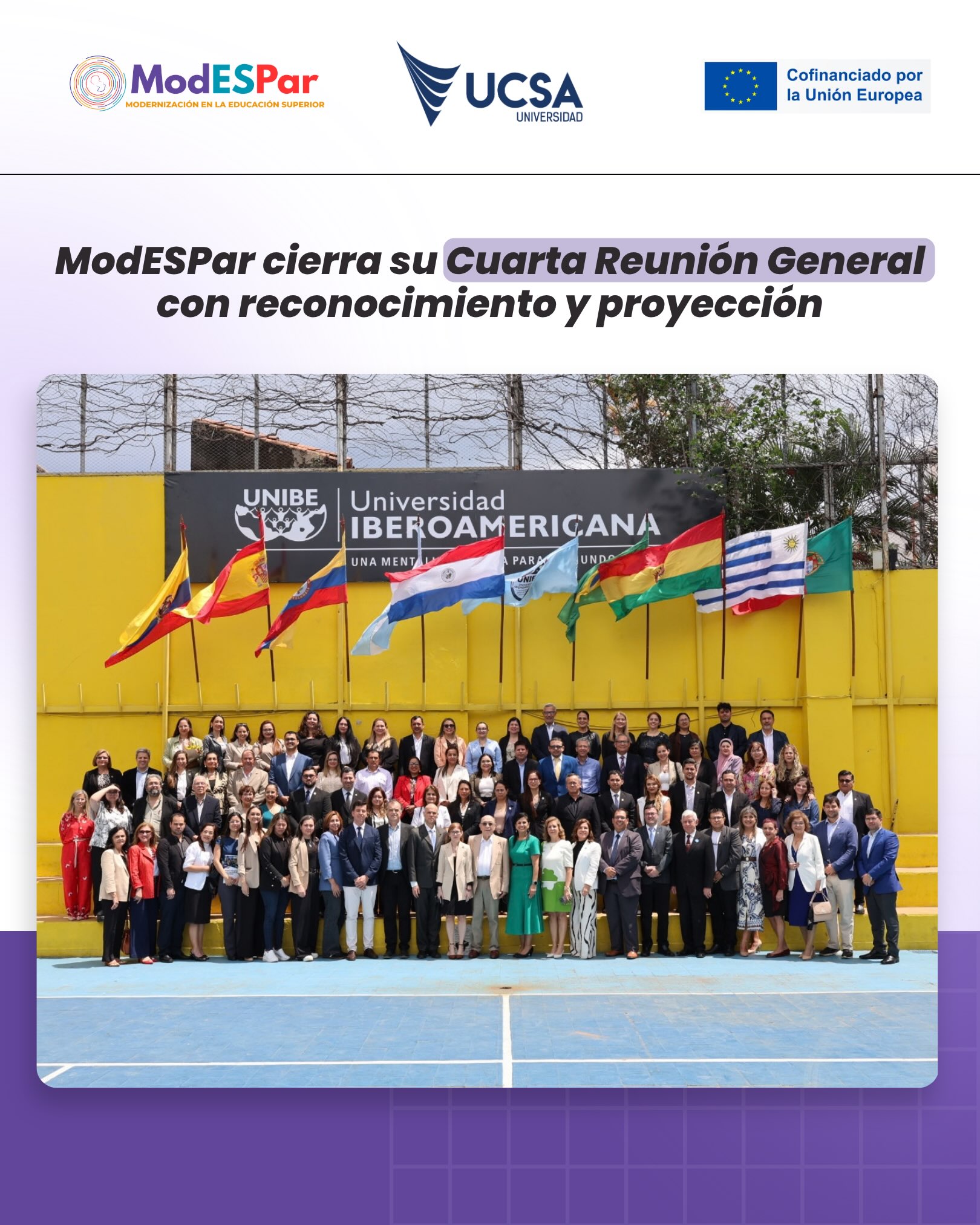 🎓 ModESPar cierra su Cuarta Reunión General Presencial
El Proyecto ModESPar culminó esta jornada con un encuentro de reconocimiento a las instituciones, equipos y colaboradores que fueron parte del proceso, destacando especialmente a los ocho grupos de carreras participantes.
Un cierre que reafirma el compromiso de dar continuidad y fortalecer los resultados alcanzados para seguir aportando a la educación superior en Paraguay.
#UCSA El futuro está en tus manos 🙌