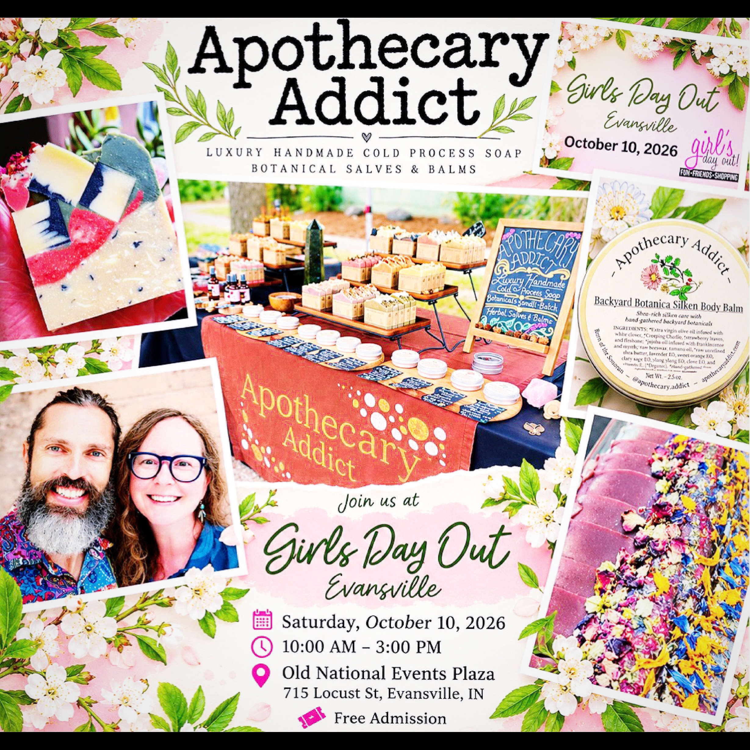 ✨⚗️🌿🧼💫 HAPPY FRIDAY, ALL! GUESS WHAT? **APOTHECARY ADDICT WILL BE AT GIRLS DAY OUT EVANSVILLE THIS SATURDAY!** 💫🧼🌿⚗️✨
Grab your friends and make a day of it — I’ll be bringing a full table of small-batch botanical goodness to **Girls Day Out Evansville** at Old National Events Plaza! 🛍️🌸🌿
📍 **Old National Events Plaza** • 715 Locust St., Evansville
🗓 **Saturday, October 10**
⏰ **10AM–3PM**
🎟 **FREE ADMISSION**
Expect a fun mix of vendors, boutiques, handcrafted goods, shopping, door prizes, and plenty to browse. The first **100 adult women in line** will also receive a swag bag! ✨🛍️
And somewhere in the middle of all that shopping goodness… you’ll find **@apothecary.addict**. ⚗️🌿🧼
Come smell the soaps, browse the balms and salves, restock your favorites, and discover something new for your autumn self-care ritual. Everything is handcrafted in small batches with thoughtfully chosen botanical ingredients, nourishing oils and butters, and a whole lot of intention. 🍂🌱✨
🌿 Botanical soaps + body care
🧼 Handcrafted cold process soap
⚗️ Salves + balms
✨ Thoughtfully formulated skincare
🎨 Small-batch goods with an artisan spirit
Bring a friend, wander the vendors, treat yourself to something lovely, and come say hello. I’d love to see familiar faces — and meet some new ones too. 😊🌿
**Saturday, October 10 | 10AM–3PM | Old National Events Plaza | Evansville, Indiana**
See you at **Girls Day Out!** 💫⚗️🧼🌿
#ApothecaryAddict #GirlsDayOutEvansville #BotanicalSkincare #ArtisanSoap #ShopSmall