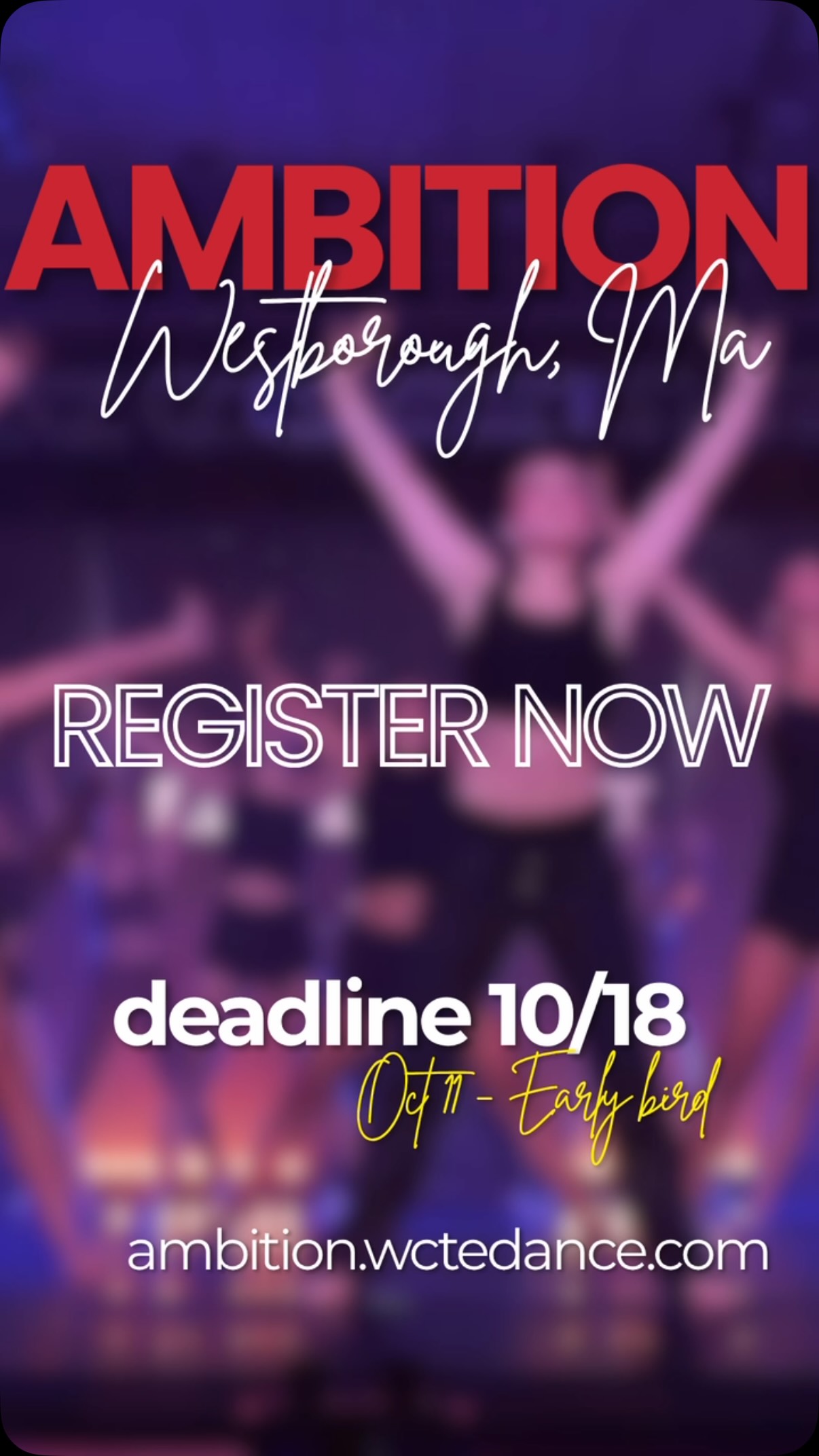 NEW ENGLAND, this is for YOU!
AMBITION Dance Workshop is returning to MASS!
Come for the classes. Leave inspired.
Five classes. Incredible faculty. One unforgettable day of dance!
Westborough, MA | November 1
DON’T MISS OUT! REGISTER TODAY! #wcteambition #inspireandbeinspired #extraordinaryfaculty #jointheexperience @wcteambition