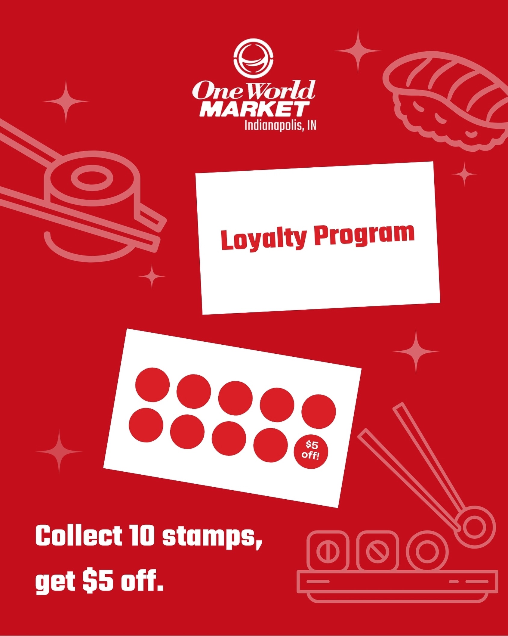 Rewards are just a visit away!
Collect 10 stamps, get $5 off. New loyalty cards available at checkout!
📍One World Market
Indianapolis, Indiana