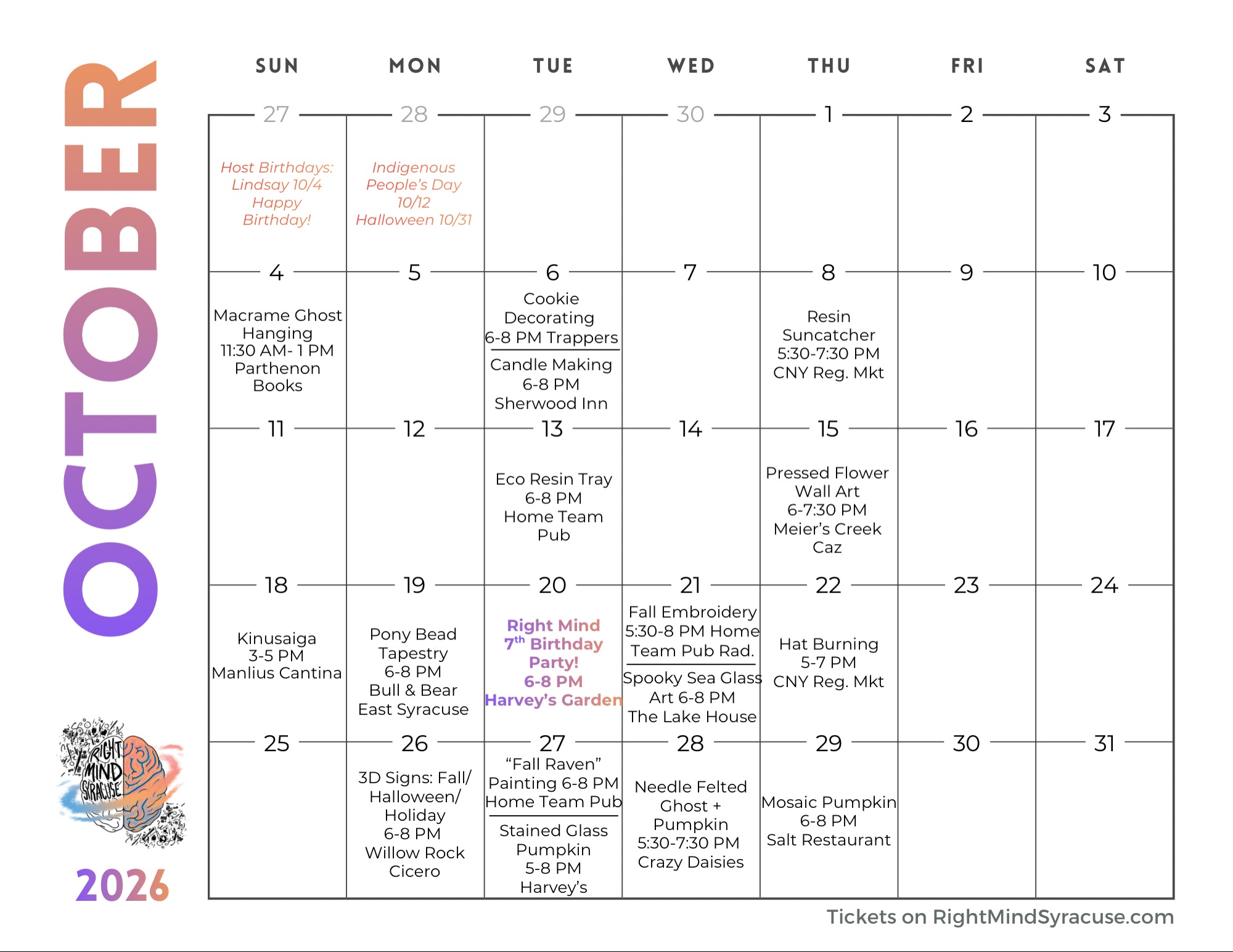 The latest I’ve ever posted the calendar 🫣 I’m not proud of that but I needed a little ADK trip for some leaf peepin’ with the family! 🍁⛰ Thank you all for being so supportive of that (see my post last night). I am SO grateful that we’ve gotten so busy and I cannot wait for all this creativity! 🥰
We are celebrating our 7th Birthday this month and we hope to see you there! 🥳 Check out the details below as well as the rest of the October lineup. Tickets 🎟️ on RightMindSyracuse.com (link in bio). We can’t wait to flex that right side of the brain with you! 🧡
Love, Claire & The Right Mind Syracuse Crew
✨SPECIAL EVENTS✨
🎨🎉 TUES 10/20 | 6 - 8 PM | @harveysgardensyr | Our 7th Birthday pARTy! Creation stations, giveaways, merch, meet the artists & more!
Our awesome artists (in no particular order):
Linds
Jade
Eliza (@livin_la_vida_bruja)
Mary (@sugarmoonartistry)
Cait (@wildvioletmade)
Ashe (@forgedfromashestudios)
Erin (@sadowskistitches)
Faith
Chelsea (@syracrafts315)
And me (Claire) 🥰
Our also awesome venues (in no particular order either):
@willowrockbrew
@sherwood1807
@bnbroadhouse
@syrfoodtrucks Takeover @ @cnyregionalmarket
@manlius_cantina
@trapperspizzapub
@harveysgardensyr
@meierscreekbrewing
@hometeamradissongreens
@hometeampub315
@salt.restaurant.syracuse inside @collegian.syracuse.hotel
@crazydaisiesflowers
@thelakehouseatsb
@parthenonbookssyr
#rightmindsyracuse