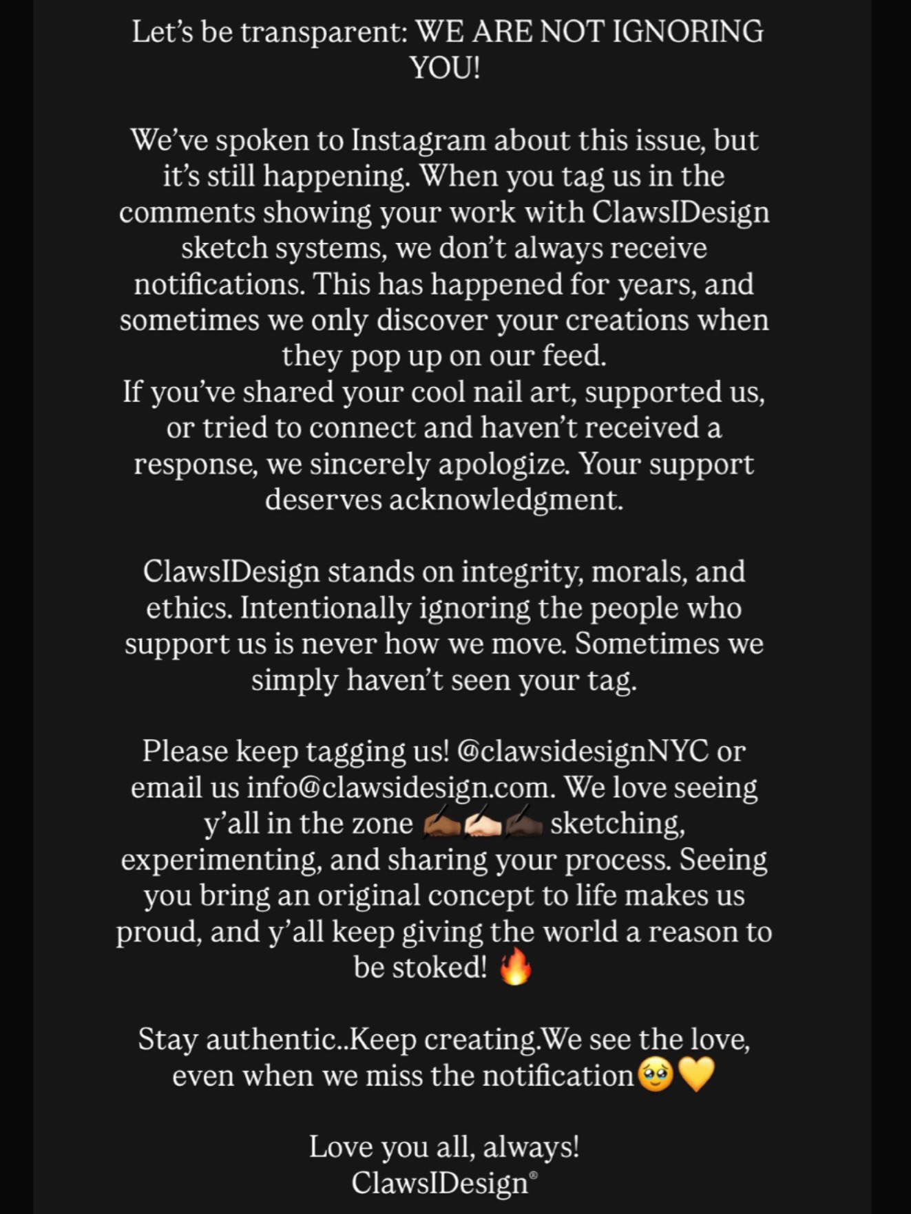 To our ClawsIDesign®
community, collectors, and supporters 💛 it’s all goodie!
#ClawsIDesign #Message