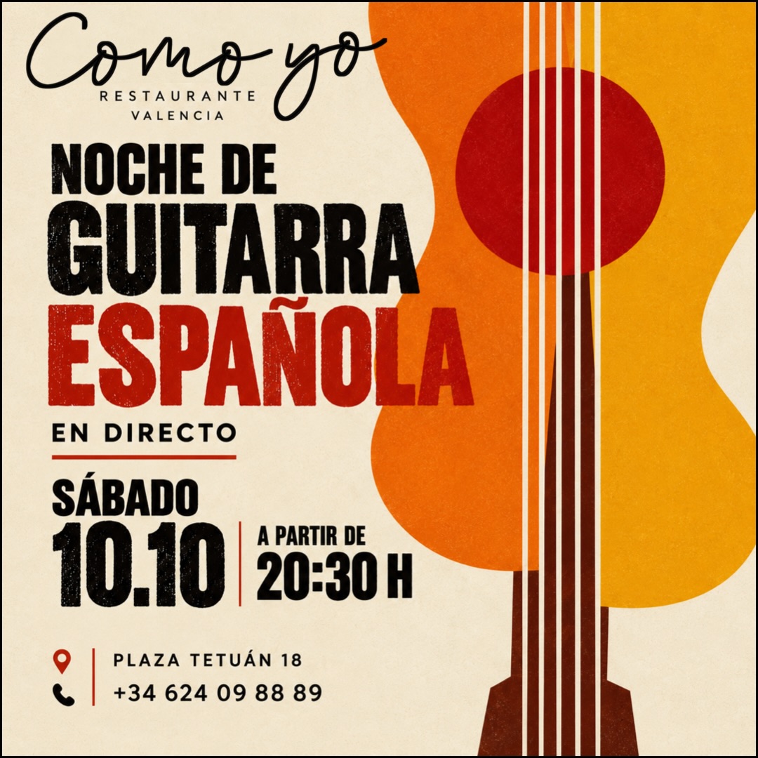🗓️10.10 | 20.30
Noche de Guitarra Española en COMO YO 🇪🇸✨
Cuando el alma de España cobra vida en cada nota y la música llena la noche de una atmósfera especial… ❤️
Te invitamos a disfrutar de una noche de guitarra española en directo, acompañada de música apasionada, una copa de vino, tus platos favoritos y el auténtico espíritu español🇪🇸
📅 10.10 | 20:30
📍 COMO YO — Plaza Tetuán, 18
📞+34624098889
Ven a sentir España con todos tus sentidos 🇪🇸🎶
_________________
🎸 Spanish Guitar Night at COMO YO 🇪🇸✨
When the soul of Spain comes alive in every note and music fills the night with a truly special atmosphere… ❤️
Join us for an evening of live Spanish guitar, passionate music, a glass of wine, your favourite dishes and the authentic spirit of Spain🇪🇸
📅 10.10 | 20:30
📍 COMO YO — Plaza Tetuán, 18
📞+34624098889
Come and experience Spain with all your senses 🇪🇸🎶
#music #dj #valencia #cocteles #comida