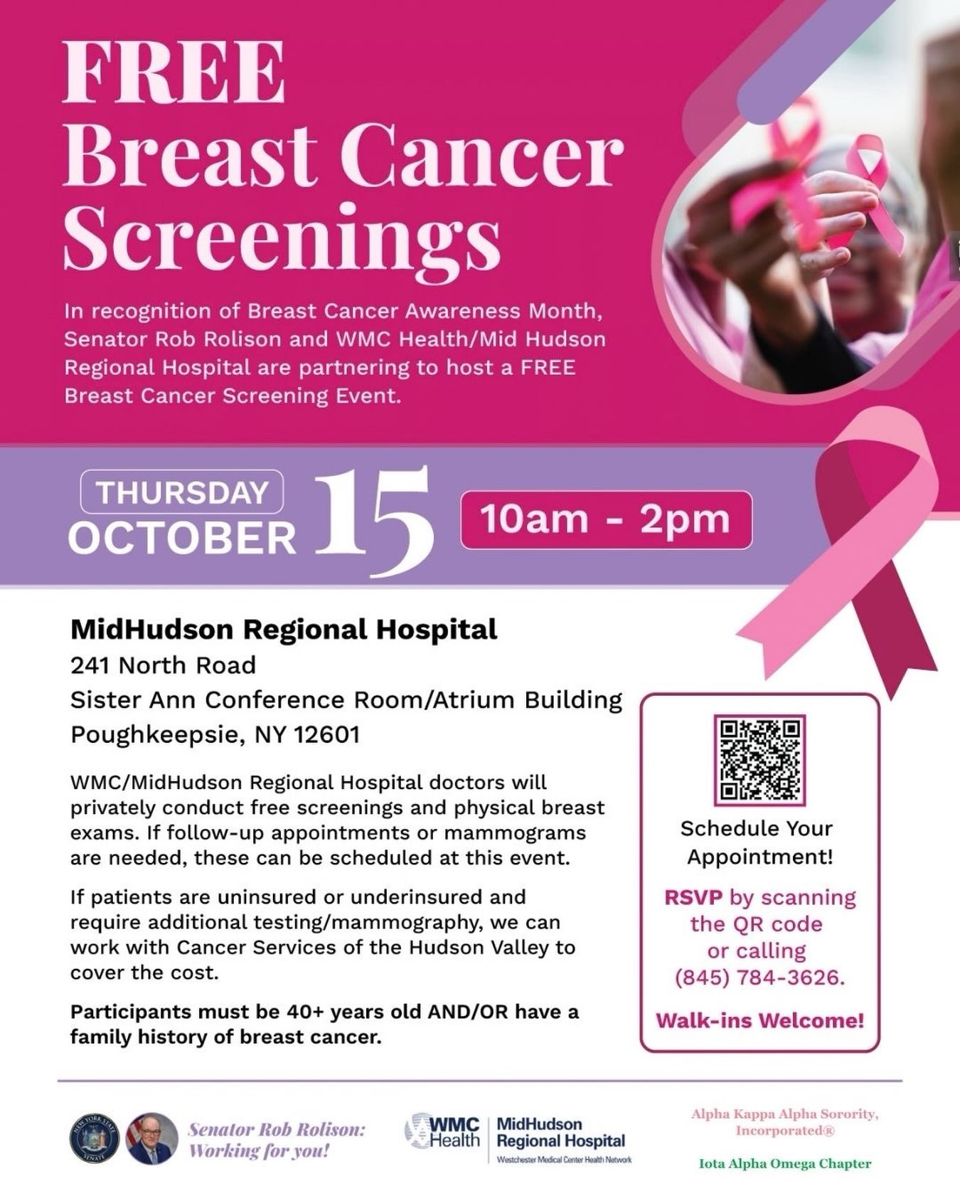 🎀 October is Breast Cancer Awareness Month! 💗
Early detection saves lives! 💕
In recognition of Breast Cancer Awareness Month, Alpha Kappa Alpha Sorority, Incorporated®, Iota Alpha Omega Chapter, in partnership with MidHudson Regional Hospital and New York State Senator Rob Rolison, is proud to offer FREE Breast Cancer Screenings!
🗓️ Thursday, October 15, 2026
⏰ 10:00 AM – 2:00 PM
📍 241 North Road
Sister Ann Conference Room, Atrium Building
Poughkeepsie, NY 12601
🎀 Take charge of your breast health! Early detection is key to prevention and successful treatment.
📲 Scan the QR code to schedule your appointment today!
Together, we can raise awareness, encourage early detection, and make breast health a priority! 💗
#alphakappaalphasororityincorporated #IotaAlphaOmega
#BreastCancerAwarenessMonth #EarlyDetectionSavesLives #WomensHealth PinkOctober