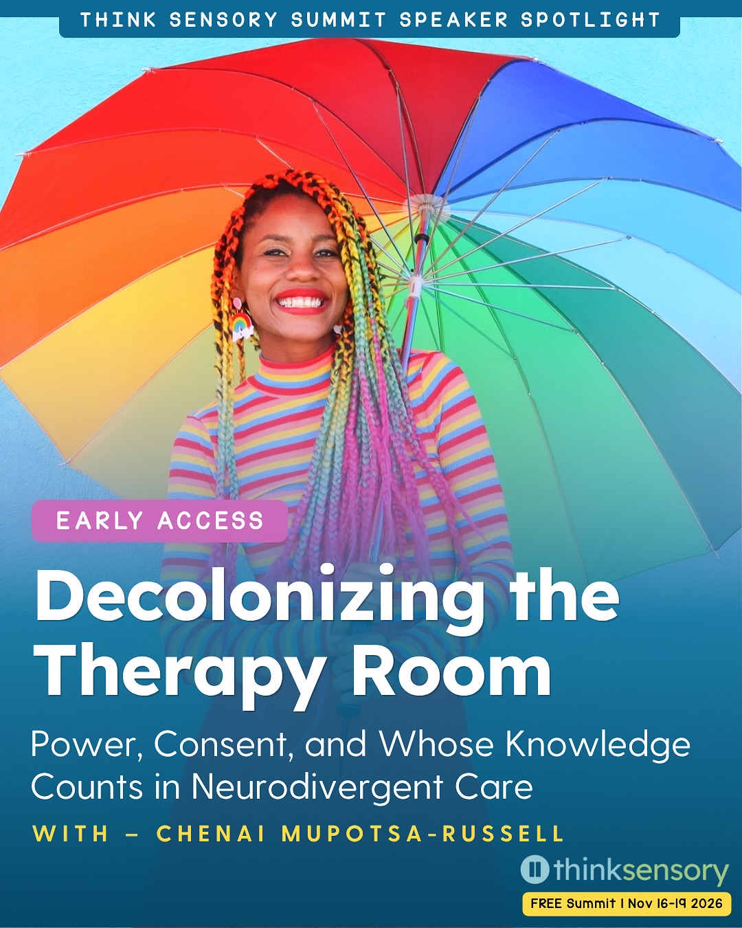 Pop the kettle on and save the date, because Chenai is speaking at the @think_sensory Summit, Season 2 ☕✨🌈❤️
Free and online, 16 to 19 November 2026
Rethinking the Assumptions That Shape How We Support Neurodivergent Children
Chenai’s session is Decolonising the Therapy Room: Power, Consent, and Whose Knowledge Counts in Neurodivergent Care. It looks at who holds power in therapy spaces, what real consent looks like, and how to make room for knowledge that has long been pushed to the margins.
She’s in incredible company, with 21 sessions from:
🌀 Bryden Carlson-Giving
🌀 Maria Davis-Pierre
🌀 Tracey DeMaria
🌀 Jac Fede
🌀 Kristy Forbes
🌀 Jessie Ginsburg
🌀 Ross Greene
🌀 Em Hammond
🌀 Destiny Huff
🌀 Alfie Kohn
🌀 Amy Laurent
🌀 Kelly Mahler
🌀 Mick Olds
🌀 Katja Piscitelli
🌀 Karla Pretorius
🌀 Barry Prizant
🌀 Greg Santucci
🌀 Jolene Stockman
🌀 Chris Wenger
This one’s for therapists, educators, parents and anyone ready to swap compliance for connection. Registration is free 💛
🔗 Save your spot: https://thinksensory.com/summit-registration-season-2/?ref=31 (Link in bio)
#ThinkSensorySummit #Neuroaffirming #Neurodiversity #NeuroaffirmingPractice #DecolonisingTherapy