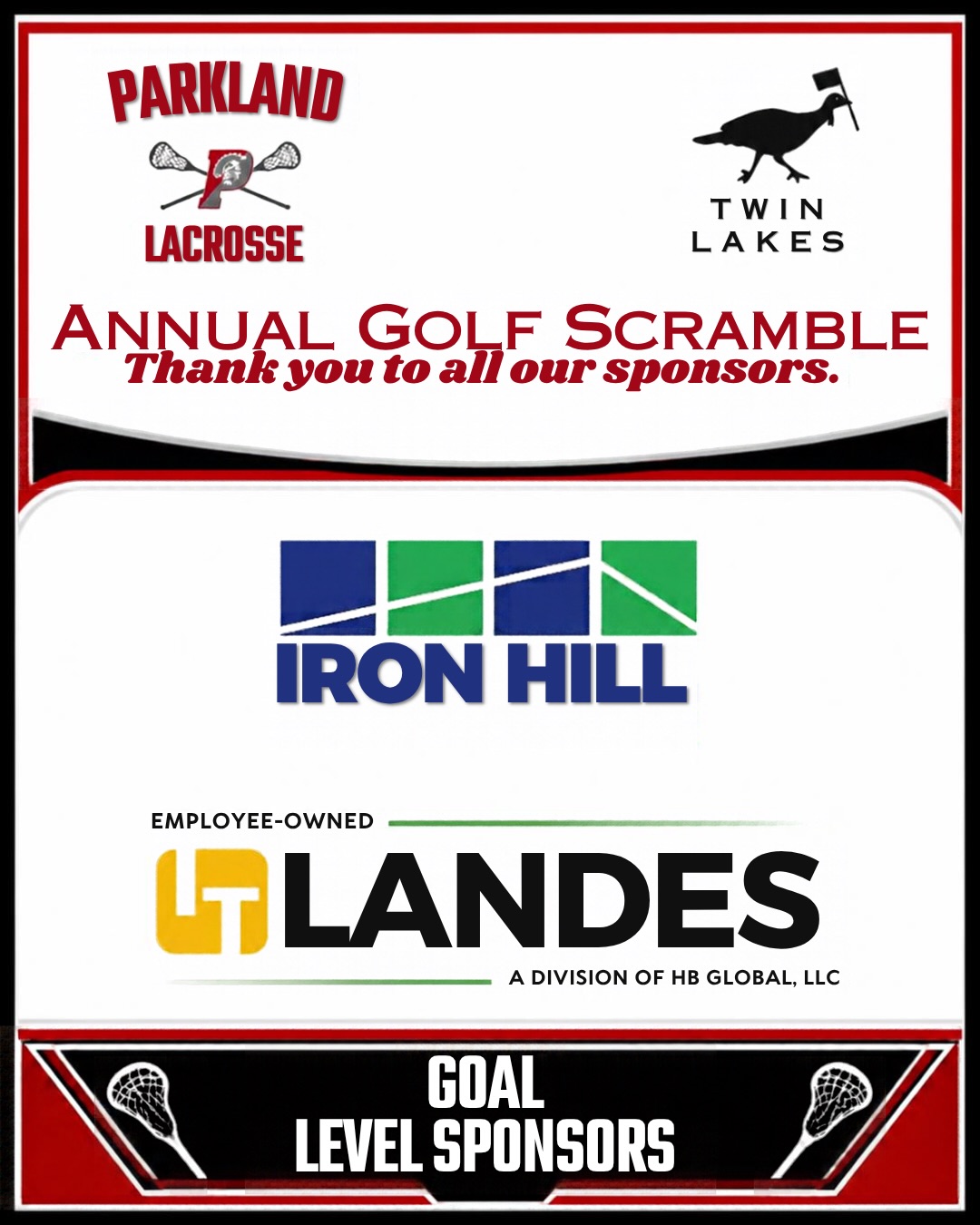 Huge thank you to all our Sponsors for the Annual Parkland Boys Lacrosse Golf Scramble on Oct 12th 2026 at Twin Lakes. Thank you for your support!
There is still some room for a few more golfers. Register today. Link in Bio: https://docs.google.com/forms/d/e/1FAIpQLSd26ifU_22DTfIbznOLivrHFn16n3krewFgx8c4Fa-MUAe3MA/viewform