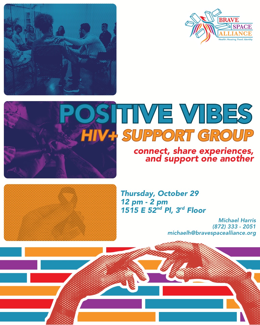 Starting this month, the Space will be hosting a new HIV+ support group called Positive Vibes! ➕👥
The first session for Positive Vibes is Thursday, October 29, and we invite our community living with HIV to join us in the Space to connect, share experiences, and offer support to one another.
Lunch will be provided and all who attend will also access BSA’s host of wraparound services, including wellness check-ins and case management services 🍎🎗️
For questions, contact BSA’s Case Manager Michael Harris at MichaelH@bravespacealliance.org. We hope to see you there!
📅 Thursday, October 29, 12 pm - 2 pm
📍 Brave Space Alliance, 1515 E 52nd Pl, 3rd Floor
#hivpositive #supportgroup #positivevibes #communitycare #lgbtq