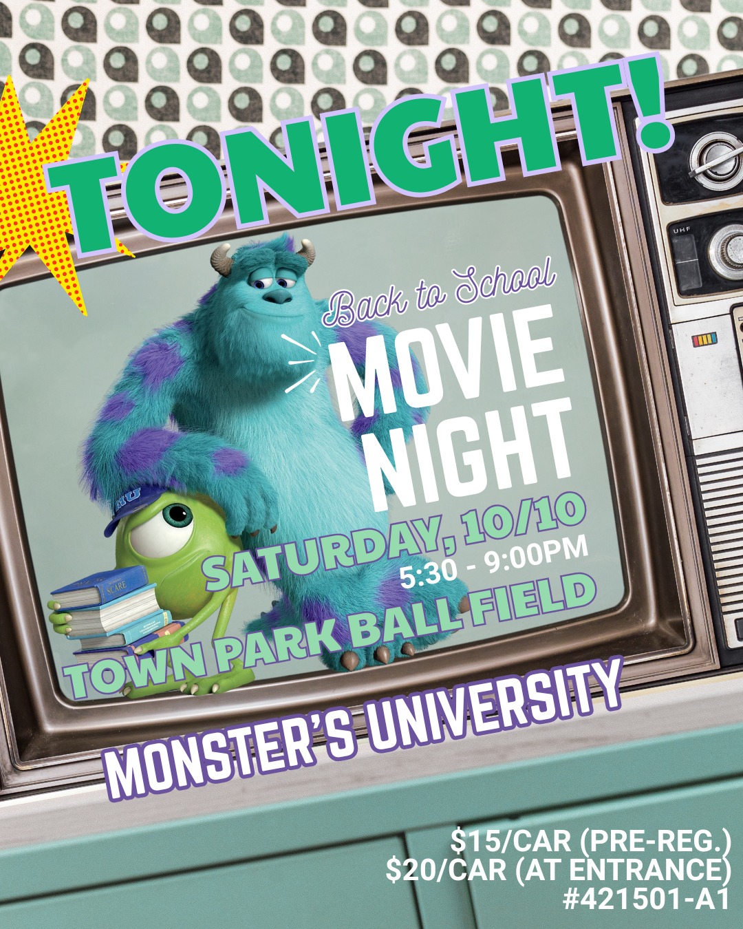 Monster's University is showing TONIGHT, 10/10 at the Town Park ball field! Join us at 5:30 for:
πΉ Monster's University
πΏ Complimentary popcorn
β Complimentary hot chocolate & drinks
π Themed candy for sale
π Lily's Deli
$20/car at the entrance (we have Venmo!)
Make sure to bundle up with blankets, chairs, and layered clothing! It'll be a cozy, fun time on the field.