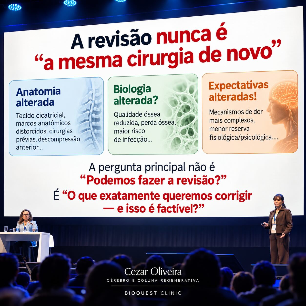 CIRURGIA DE REVISÃO DA COLUNA: NÃO É SIMPLESMENTE OPERAR NOVAMENTE!
Uma segunda cirurgia de coluna nunca é igual à primeira.
O cenário mudou. E isso exige uma avaliação ainda mais criteriosa.
Três fatores precisam ser considerados:
🔹 Anatomia modificada: fibroses, aderências e alterações das referências anatômicas tornam o procedimento mais complexo.
🔹 Biologia diferente: qualidade óssea, capacidade de cicatrização e condições inflamatórias podem influenciar os resultados.
🔹 Expectativas e dor: a persistência da dor pode envolver mecanismos neuropáticos, alterações biomecânicas e sensibilização do sistema nervoso.
A pergunta mais importante não é:
“Podemos operar novamente?”
Mas sim:
“O que exatamente precisamos corrigir e qual a probabilidade real de melhorar a vida desse paciente?”
A neurocirurgia moderna deve integrar precisão anatômica, compreensão da biologia dos tecidos e avaliação funcional.
Nem toda dor persistente exige uma nova cirurgia. Mas toda cirurgia de revisão exige um diagnóstico preciso e objetivos bem definidos.
Cezar Oliveira
Cérebro e Coluna Regenerativa
Bioquest Clinic
#Neurocirurgia #CirurgiaDaColuna #ColunaVertebral #MedicinaRegenerativa #DorCrônica SaúdeDaColuna BioquestClinic