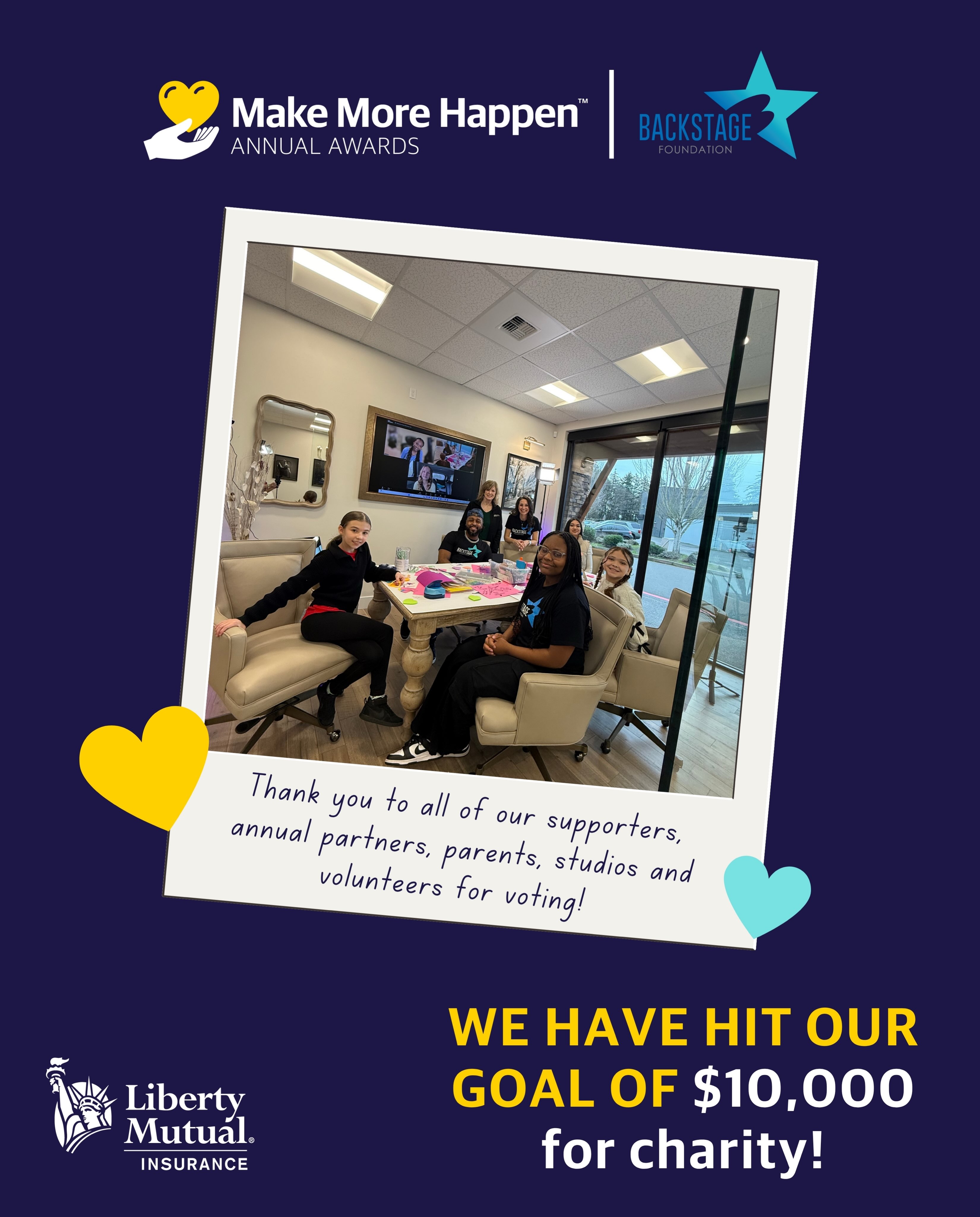 🎉WE DID IT BACKSTAGE FAM!🎉
With 784 Votes we’ve OFFICIALLY HIT OUR GOAL FOR CHARITY!🤩🩷💜🩵
We want to thank all of our followers, supports, annual partners, parents, students, volunteers and ANYONE who believes in our mission to the youth and dance!🥹🥰
We are so grateful and thankful for your votes and look forward to continue serving our community and youth leaders and young artists!🩷💜🩵✨
Thank you @libertymutual and Make More Happen Annual Awards and @nicholson_and_associates_ins for this wonderful opportunity to continue impacting these kids! Thank you for keeping our mission moving forward!