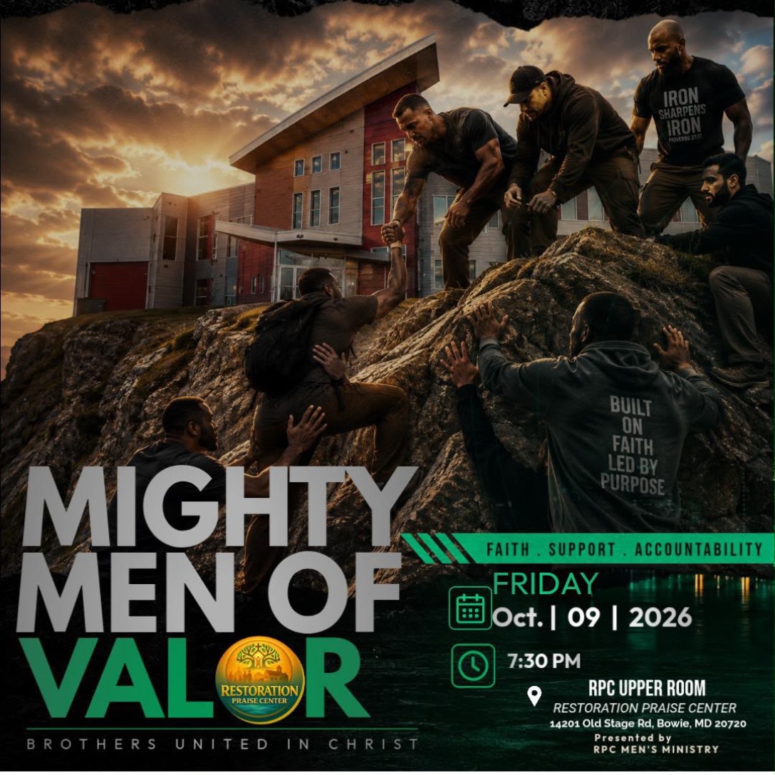 As iron sharpens iron, so one person sharpens another.” (Proverbs 27:17)
Join the Mighty Men of Valor tonight for an evening dedicated to faith, brotherhood, support, and accountability.
📍 RPC Upper Room | 14201 Old Stage Rd, Bowie, MD 20720
🗓️ Friday, October 9, 2026 7:30 PM EST
Come ready sharpen your faith and grow alongside men built on faith and led by purpose.