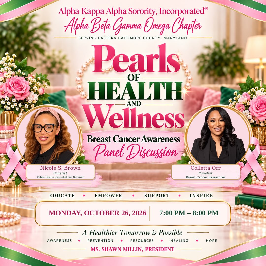 🩷 Pearls of Health and Wellness: Breast Cancer Awareness Panel Discussion🩷
Knowledge is powerful. Early detection is essential. And no woman should have to navigate her health journey alone. 🎀
In recognition of Breast Cancer Awareness Month, Alpha Kappa Alpha Sorority, Incorporated® Alpha Beta Gamma Omega Chapter invites you to an empowering evening of education, awareness, and meaningful conversation.
Join us as we welcome two dynamic panelists who bring valuable perspectives to the conversation:
🩷 Nicole S. Brown
Public Health Specialist and Survivor
🩷 Colletta Orr
Breast Cancer Researcher
Together, we’ll explore the importance of breast health, early detection, advocacy, and the power of being informed about our health and wellness.
📅 Monday, October 26, 2026
⏰ 7:00–8:00 PM ET
Join Zoom Meeting
https://us06web.zoom.us/j/85769808902?pwd=ngfamiVfesML4qMrUYYa2MqW8HYEaG.1
Meeting ID: 857 6980 8902
Passcode: 485173
Whether you’re a survivor, supporter, advocate, or simply seeking to become more informed, this conversation is for YOU!
Because taking care of ourselves isn’t just important. It’s a commitment to living healthier, stronger, and more empowered lives. 🩷💚
#PearlsOfHealthAndWellness #BreastCancerAwareness #BreastCancerAwarenessMonth #EarlyDetectionSavesLives #WomensHealth AKA1908 AlphaBetaGammaOmega HealthAndWellness