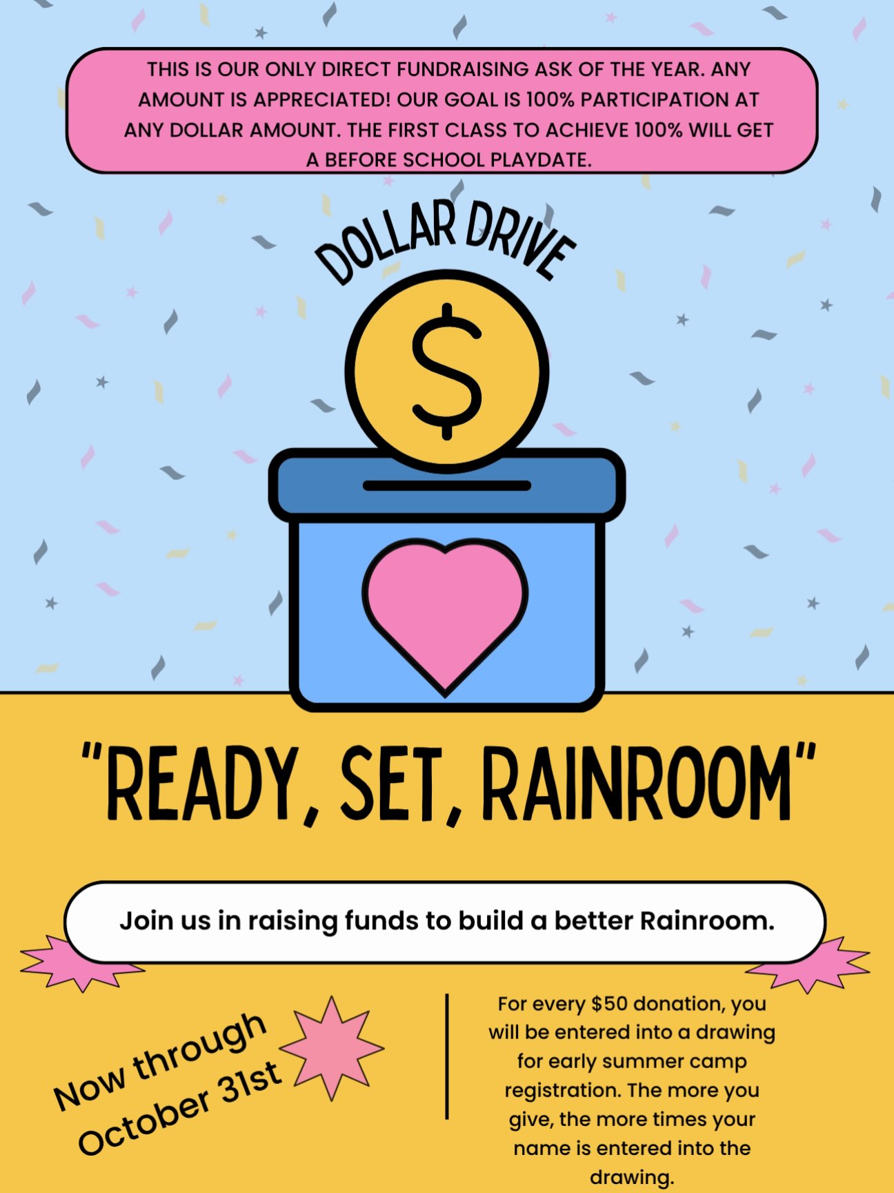 Ready, Set, Rain Room starts now!
Our annual Fall Fundraiser has begun now through the end of October. With funds raised we will be able to do some upkeep on our Rain Room by adding updated elements and a new piece of our play structure.
#henricova #richmondva #readysetrainroom #allsaintepiscopalchurch #allsaintspreschool