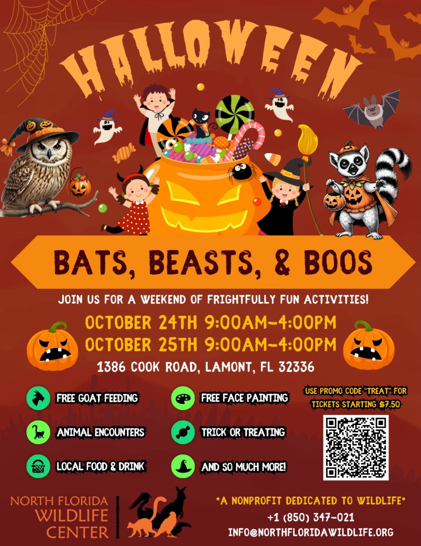 For the first time ever, Halloween fun is taking over the Wildlife Center for an entire weekend! 🎃
Join us Friday, October 23, from 5:00 to 9:00 p.m. for a Halloween edition of Wildlife After Dark. This 18+ evening will feature local beer and wine, food trucks, live music, animal encounters, and trivia! 🦉
Then bring the whole family back for our annual Bats, Beasts, & Boos celebration on Saturday and Sunday, October 24–25, from 9:00am to 4:00pm each day. Come in costume for trick-or-treating, free face painting, free goat feeding, animal encounters, and so much more Halloween fun! Use promo code TREAT at checkout for 50% off Bats, Beasts, & Boos tickets. 👻
For the first time, guests can also meet our new resident lemurs, Fetsy and Masiaka, in our Lemur Encounter. With their burnt orange and deep black coats, they’re already dressed for Halloween! 🧡🖤
Two events, one frightfully fun weekend. Get your tickets at www.northfloridawildlife.org/event. We hope to see you there! 🦇