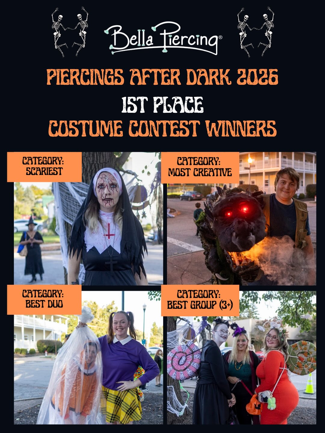 THE RESULTS ARE IN… 👻🏆🎃
WHAT. A. NIGHT!!! 🖤 First off, a HUGE thank you to everyone who came out and made Year 3 of Piercings After Dark one for the books!
You guys seriously SHOWED OUT with your costumes this year!! From the scary to the hilarious to the unbelievably creative, choosing our winners was NOT easy!
But the wait is FINALLY over… introducing our 2026 COSTUME CONTEST WINNERS! 🏆
🎃 HERE’S WHAT YOU’VE WON:
🥇 1ST PLACE: ONE FREE piercing + Bella Goodie Bag!
🥈 2ND PLACE: $25 Bella Gift Card + Goodie Bag!
🥉 3RD PLACE: $25 Bella Gift Card + Goodie Bag!
And YES, every winner gets their OWN prize, including everyone in our winning duos and groups! 🖤
🏆 WINNERS: Keep an eye on your messages! Bella will be contacting all winners by the end of TODAY with details on claiming your prizes!
📸 DID YOU DRESS UP? We’ll be sharing a link to the costume contest photos on our Instagram Stories so you can find and save yours!
👀 BUT WAIT… WE’RE NOT DONE YET!
Stay tuned TOMORROW as we announce our BEST VENDOR COSTUME and BEST DECORATED VENDOR BOOTH winners!
To everyone who dressed up, brought their friends and family, and supported our small business vendors — THANK YOU for making this night so special!
YEAR 3 WAS ONE FOR THE BOOKS! WHO’S READY FOR YEAR 4?! 👻🖤
#PiercingsAfterDark #BellaPiercing