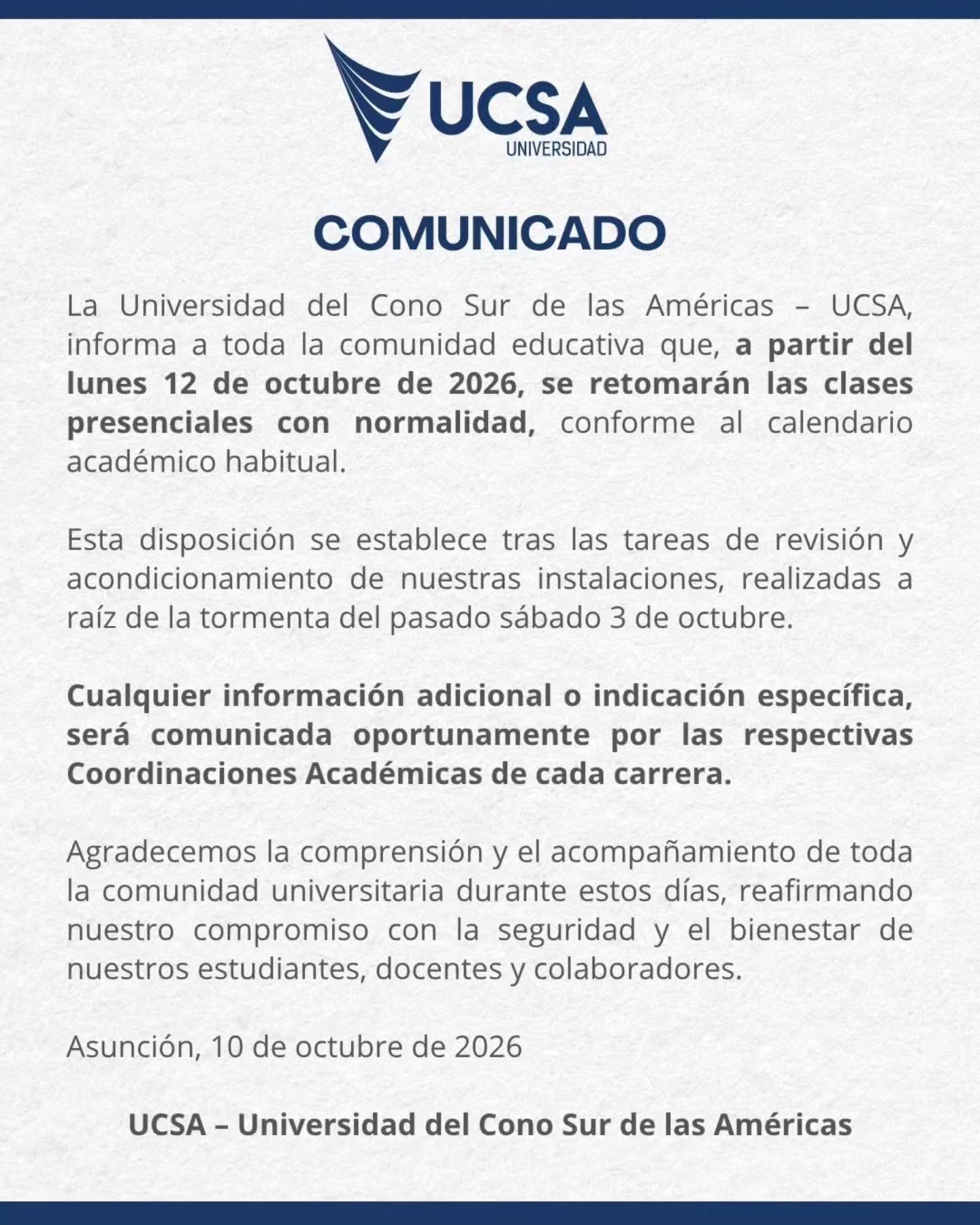 📢 ¡RETOMAMOS LAS CLASES PRESENCIALES!
La UCSA informa a toda la comunidad educativa que, a partir del lunes 12 de octubre, las clases presenciales se desarrollarán con normalidad.
📚 Cualquier información adicional o indicación específica será comunicada por las respectivas Coordinaciones Académicas de cada carrera.
Agradecemos la comprensión y el acompañamiento de toda nuestra comunidad universitaria durante estos días.
¡Nos reencontramos en el campus!
#UCSA30Años🙌