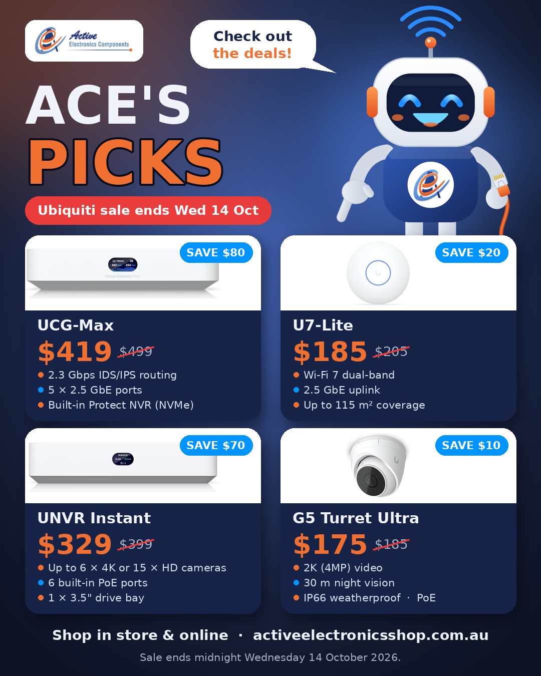 🤖👇 ACE’S PICKS: Ubiquiti deals this week only! 🔥
Ace has rounded up his favourite UniFi gear at sharp prices 👀
🌐 UCG-Max Cloud Gateway: $419 (was $499), save $80
📶 U7-Lite Wi-Fi 7 Access Point: $185 (was $205), save $20
🎥 UNVR Instant Video Recorder: $329 (was $399), save $70
📹 G5 Turret Ultra Camera: $175 (was $185), save $10
Building a full UniFi setup? Grab the UCG-Max, add U7-Lite access points for Wi-Fi and the UNVR Instant with G5 Turrets for security, all in one app 🙌
⏰ Sale ends midnight Wednesday 14 October
📍 In store now
🛒 Or shop online. Link in bio!
#AcesPicks #Ubiquiti #UniFi #UniFiProtect #WiFi7 #Networking #CCTV #HomeSecurity #TechDeals #Sale #Hobart #Launceston #Tasmania #ShopLocal #ActiveElectronics