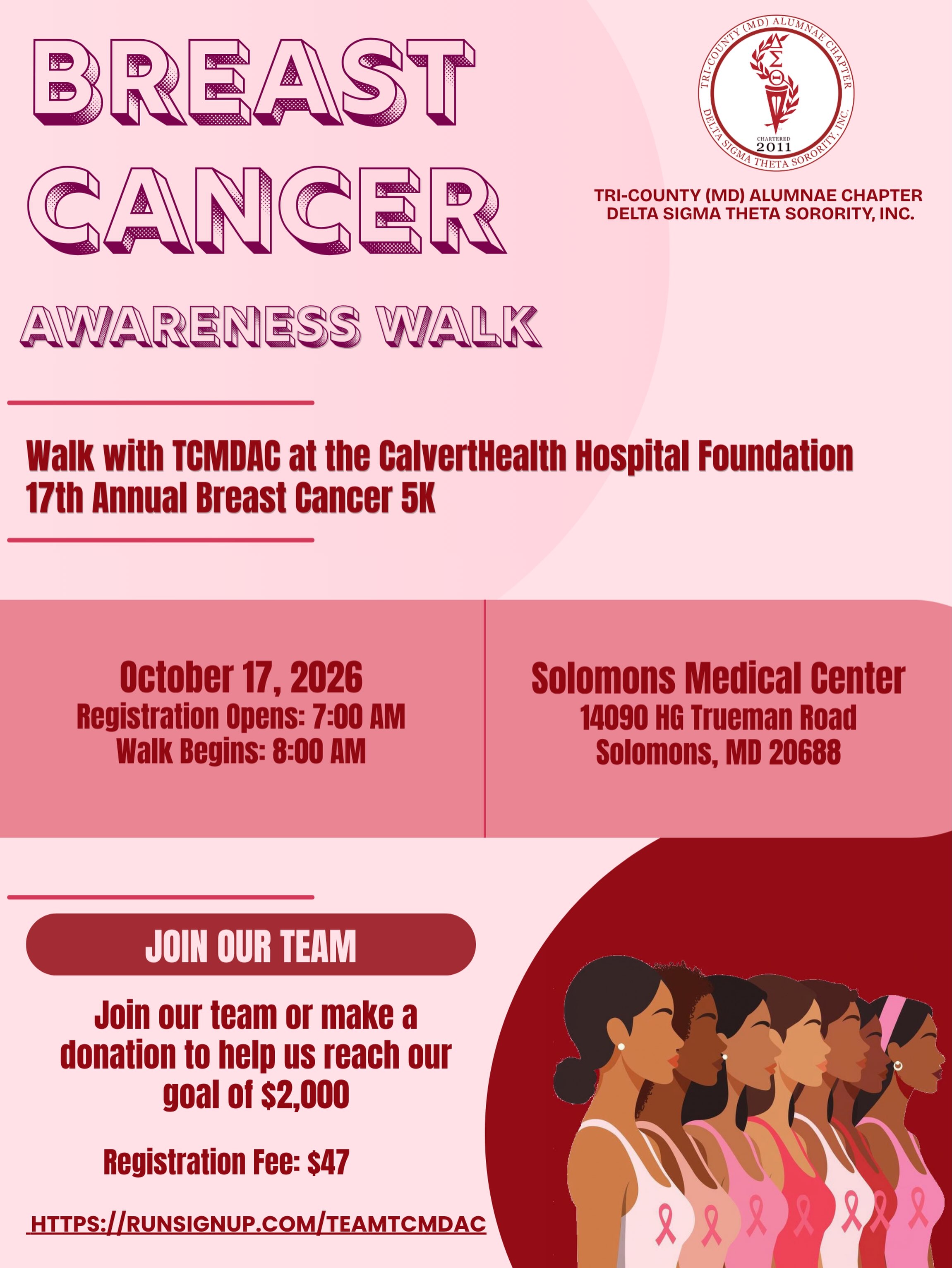Join Team TCMDAC as we come together for the 17th Annual CalvertHealth Breast Cancer 5K & Fun Walk on Saturday, October 17.
Every step is an opportunity to honor survivors, remember those we’ve lost, support those currently fighting, and raise awareness throughout our community. 💕
📍 Solomons Medical Center
🗓️ Saturday, October 17, 2026
⏰ Registration: 7:00 AM | Walk/Run: 8:00 AM
💲Registration Fee: $47
Whether you’re running, walking, donating, or cheering us on, we want you on Team TCMDAC! 👟💗
🔗 Sign up or donate:
https://runsignup.com/teamtcmdac
Password: TCMDAC