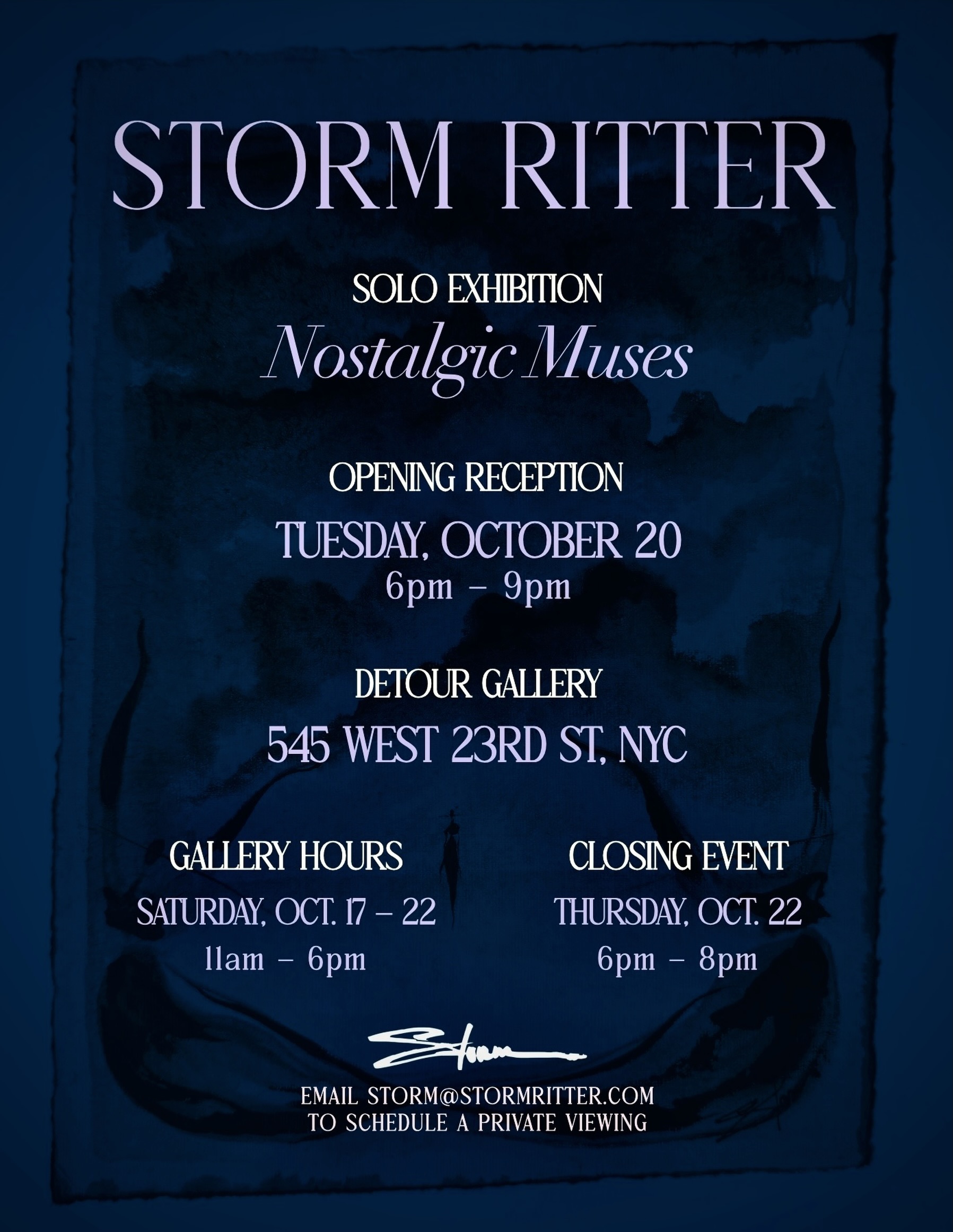 Announcing my 2026 solo exhibition, “Nostalgic Muses,” opening on Tuesday, Oct. 20th, 6-8pm. Escape into another universe of technicolor texture and surrealist stories. Life moves fast; get off your phone and get off with experience. No AI, just human magic. Love to see you in person.
The showcase will be open for client viewing October 17th to 22nd, 11am-6pm. Closing event on October 22nd, 6-8pm. Email storm@stormritter.com to book a private viewing appointment.
@detourgallery
545 West 23rd St, NYC