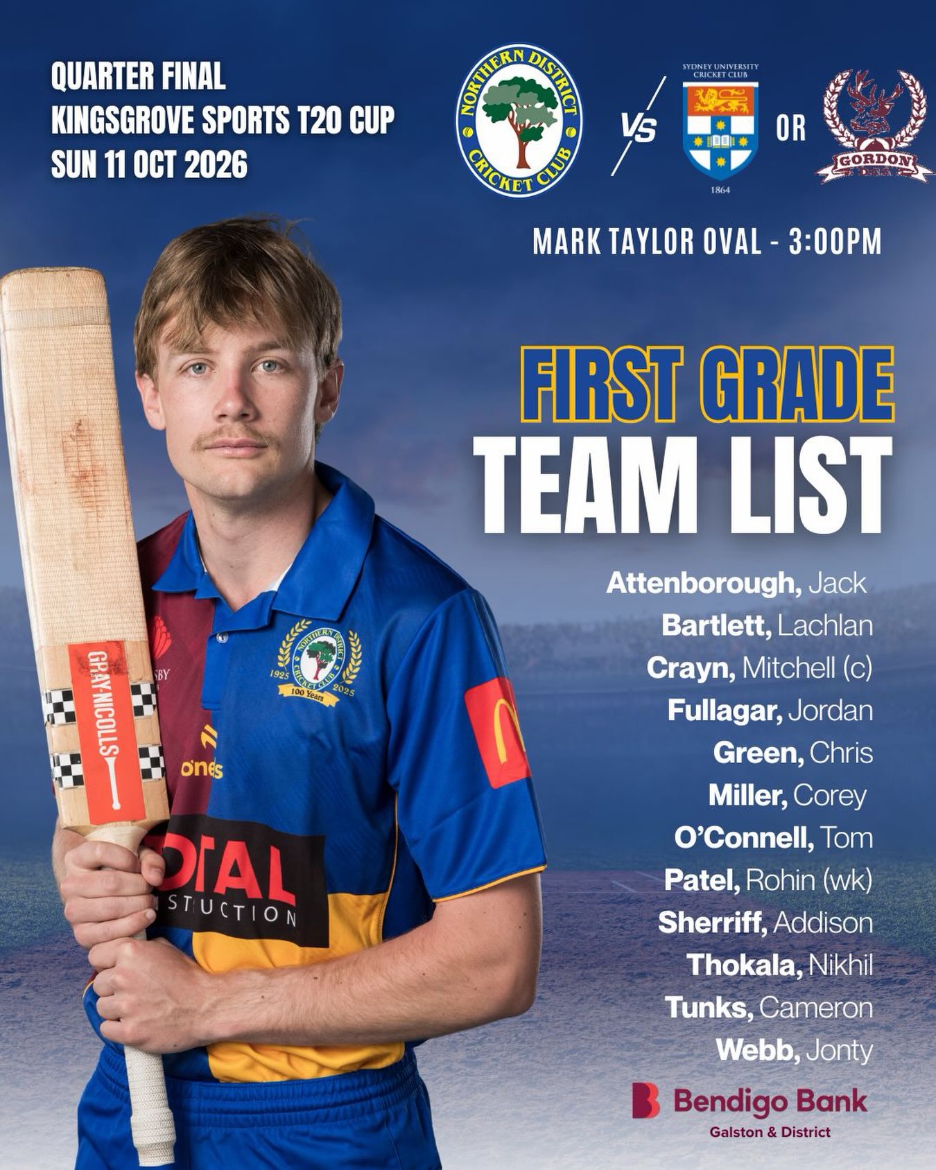Here’s our 12-player squad for this afternoon’s Men’s @kingsgrovesports T20 Cup QF 💪
We’ll play the winner of Sydney University v Gordon, who face off at 10am.
See you all at Mark Taylor Oval!
Brought to you by Bendigo Bank - Galston & District
