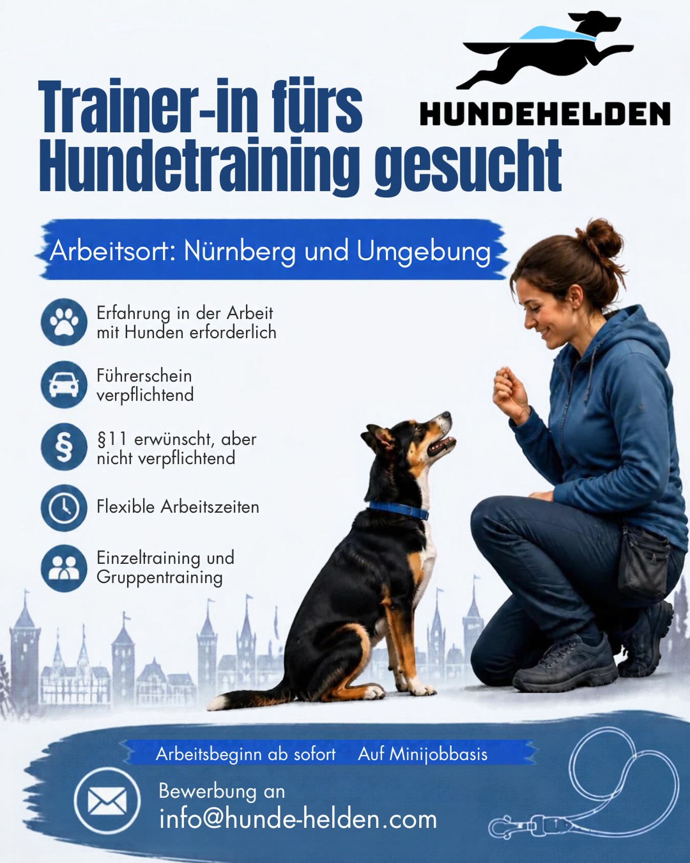 Zur Verstärkung unseres Teams suche ich ab sofort ein/e HundetrainerIn auf Minijobbasis.
Lust auf Arbeiten mit Mensch und Hund ❓
Dann schicke deine Bewerbung inklusive Telefonnummer einfach an info@hunde-helden.com
#jobsnürnberg #hundetrainerwerden