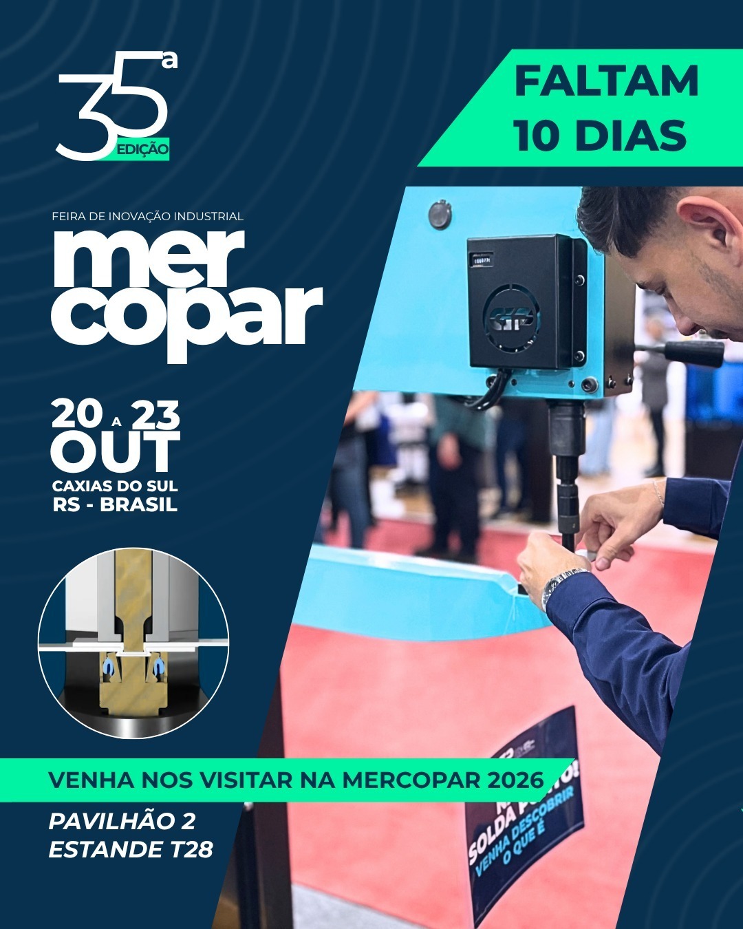 Faltam apenas 10 dias para a Mercopar 2026 e a pergunta que fica é: sua produção ainda sofre com os gargalos e custos da solda tradicional? ⚙️💥
Quem trabalha com união de chapas conhece bem os desafios da solda:
❌ Alto consumo de energia e insumos;
❌ Processos lentos e de retrabalho constante;
❌ Exigência de mão de obra altamente especializada;
❌ Deformação do material e acabamento prejudicado.
Se esses problemas fazem parte da sua rotina, temos uma boa notícia: dá para unir chapas com alta eficiência, rapidez e zero fumaça ou calor.Vá além dos métodos tradicionais e venha conferir nossas soluções inovadoras de perto na Mercopar!
🗓️ 20 a 23 de Outubro
📍 Caxias do Sul - RS | Pavilhão 2, Estande T28
👉 Guarde a data e venha conversar com nossa equipe técnica!