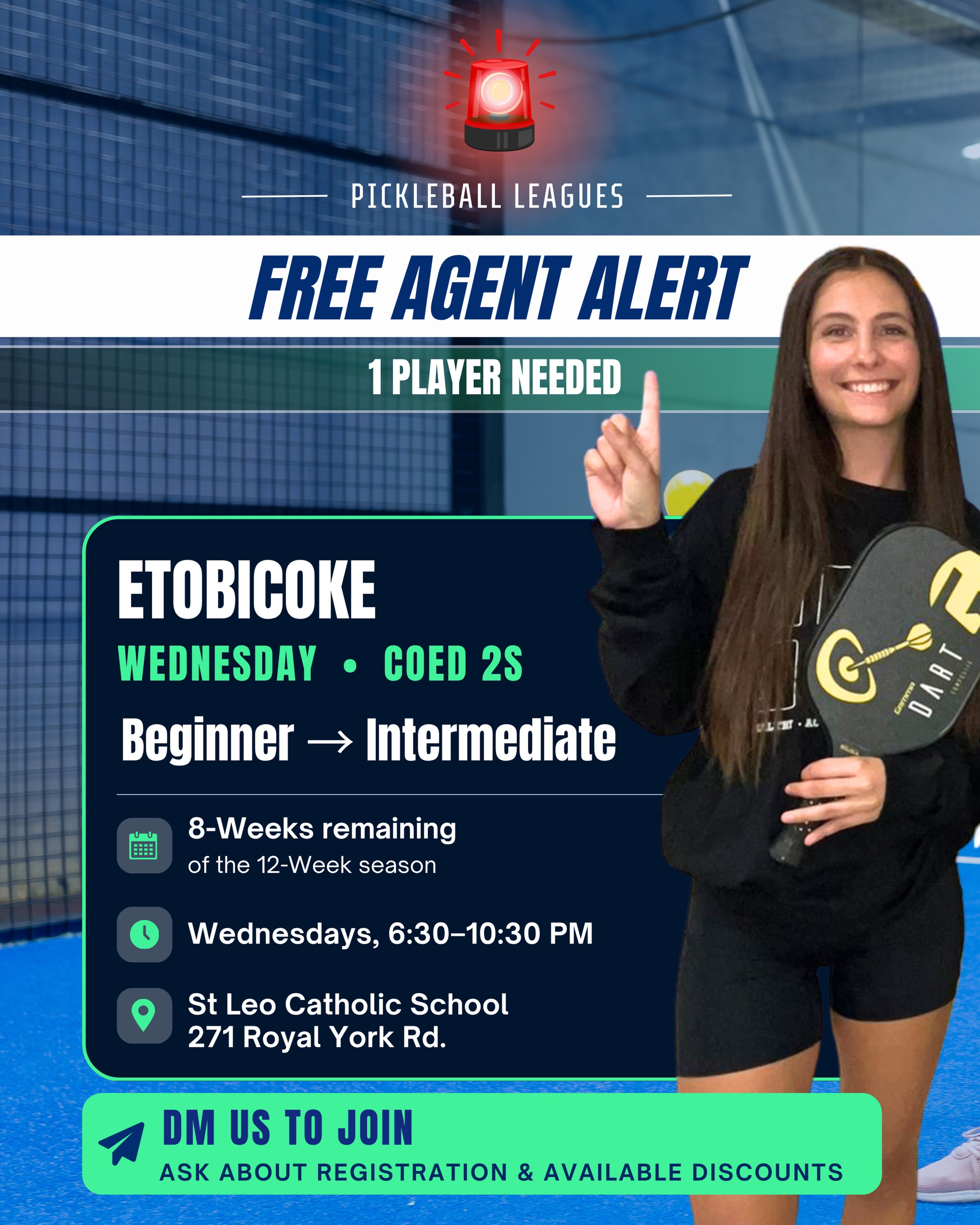 🏓 ETOBICOKE PICKLEBALL — 1 FREE AGENT NEEDED!
Our Wednesday Coed 2’s league has 8 weeks left, and we’re looking for 1 free agent (any gender!) to join the action! 👀
🏓 Level: Beginner → Recreational → Intermediate
📅 When: Wednesdays, 6:30–10:30 PM
⏳ Season: 8 weeks remaining
👥 Format: Pairs, any gender combination
📍 Where: St. Leo Catholic School, 271 Royal York Rd., Etobicoke
Interested in joining mid-season? Send us a DM — we may have a little something for you. 😉