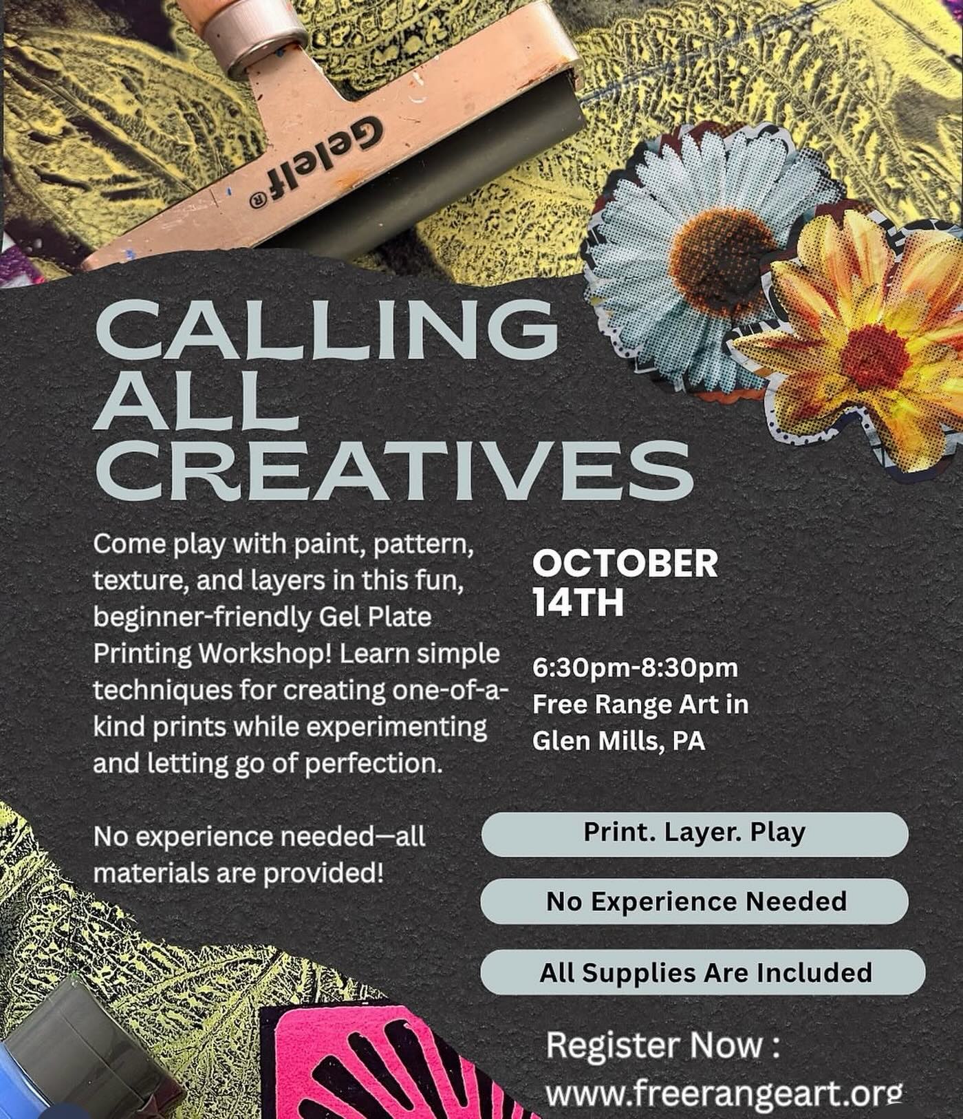 This Wednesday is YOUR chance to hit pause and take a little time to fill your creative soul! Gel plate printing is addictive, colorful, fun, and somewhat experimental. The prints you make can be used for so many things from gallery-style art for your walls, greeting cards, gift wrap, to jewelry, and so much more! Heather Carey can teach you allll of it in this beginner friendly workshop! Wed Oct 14th 6:30 pm, byo welcome!