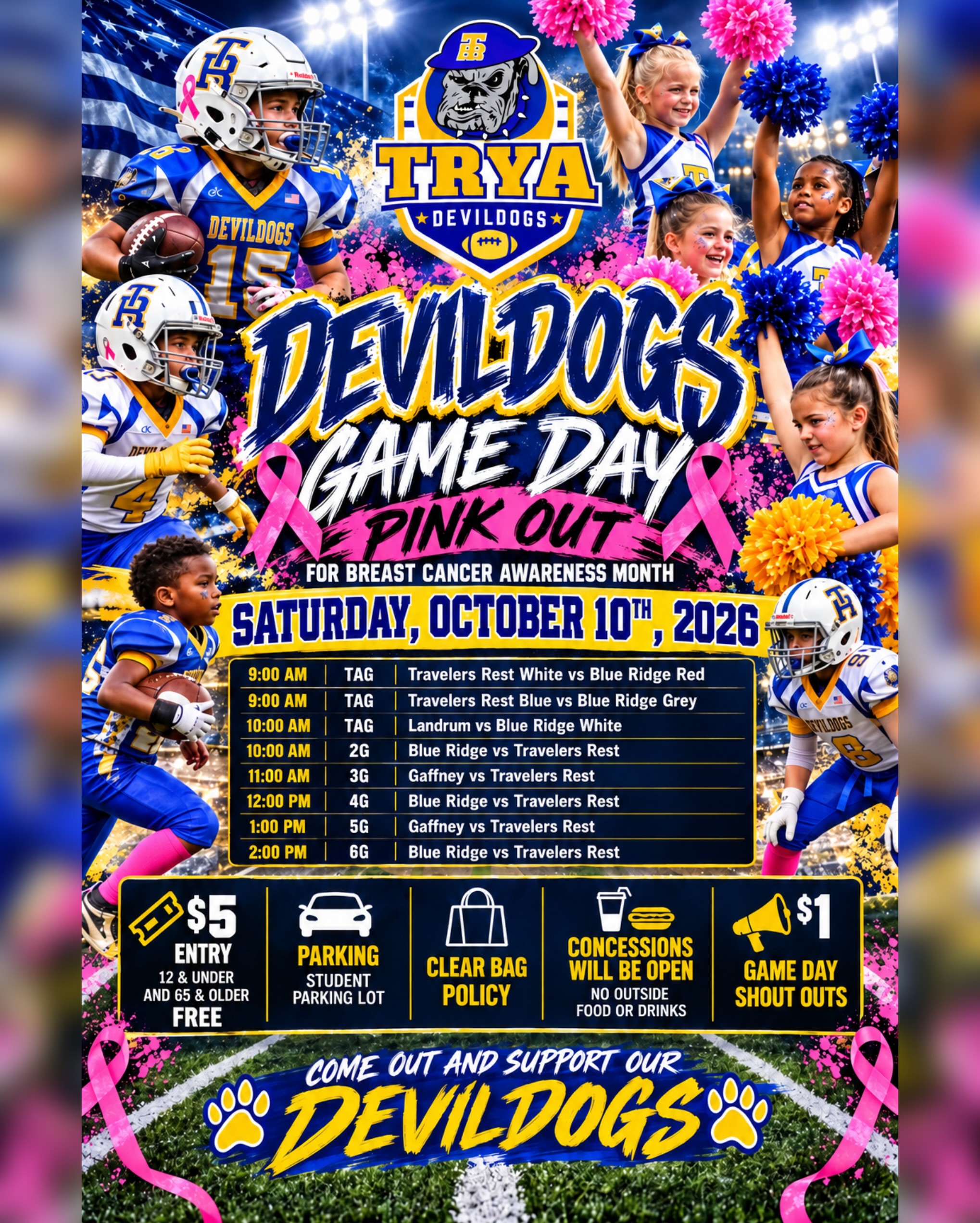πΎππ TRYA DEVILDOG GAME DAY! ππ£
Come out tomorrow, October 10th and help us pack the stands as our Devildogs take the field! Weβre going PINK OUT in support of Breast Cancer Awareness Month, so wear your pink and come cheer on our football players and cheerleaders! π
We are monitoring the weather very closely today and will update everyone with any changes or cancellations for tomorrow here and on team band pages.
ποΈ $5 Entry | 12 & under + 65 & older FREE
π Parking in the student lot
π Clear bag policy
π Concessions open β no outside food or drinks
π£ $1 Game Day Shout Outs
Bring the family, bring the energy, and come support our Devildogs! ONE TEAM. ONE COMMUNITY. πππ
#Devildogs #GameDay #BreastCancerAwareness #TRDevildogs
