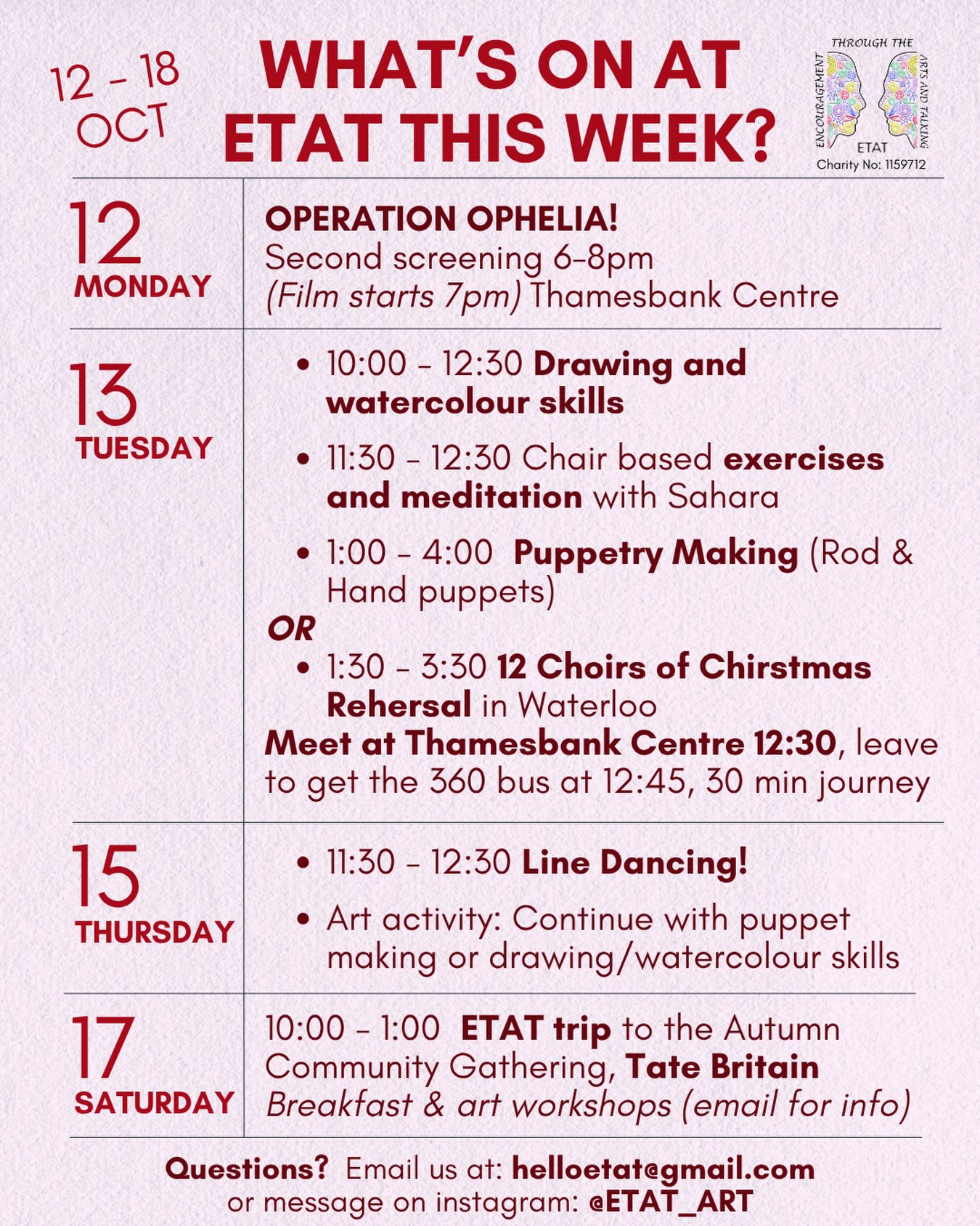 Lots happening at ETAT this coming week! 🎨
Come along, get involved and try something new. Everyone welcome!
Take a look at what’s on 👇
#ETAT #Pimlico #Westminster #CommunityArts #whatsonlondon