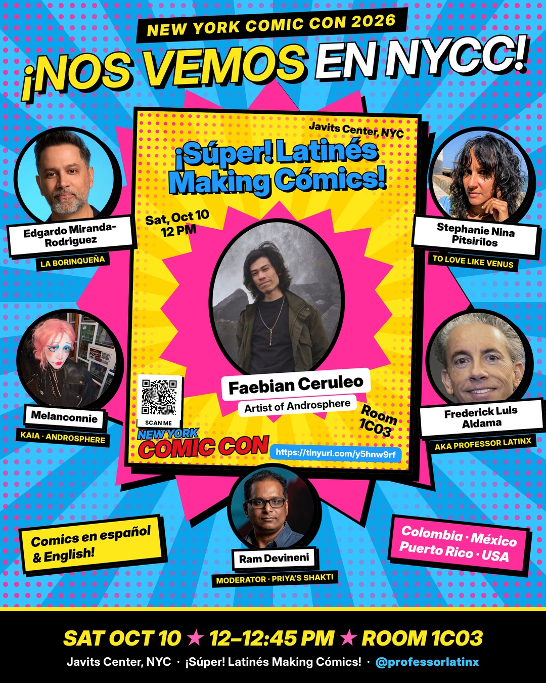 Meet the panel: Faebian Ceruleo, artist from Bogotá behind Archipelago: Speculative Futures and the graphic horror novella Androsphere, joins us tomorrow at NYCC for "¡Súper! Latinés Making Cómics!" Sat, Oct 10, 12:00–12:45 PM, Room 1C03, Javits Center. #NYCC #NYCC2026 #LatinxComics #ComicsColombia #ProfessorLatinx #LatinxPop @theninagalaxy @laborinquenacomics @faebian.ceruleo @themelanconnie @powerofpriya @professorlatinx