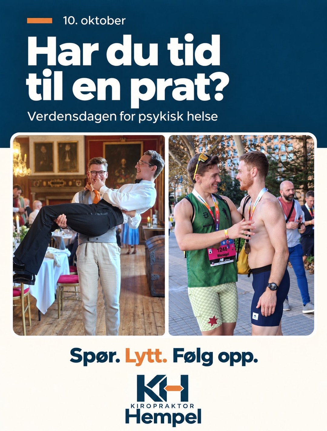 10. Oktober er verdensdagen for psykisk helse. En påminnelse om å ta vare på kontakten med menneskene rundt oss. Årets tema er "Tillit er beredskap".
Jeg er svært takknemlig for at jeg har familie, venner og kolleger. Tilliten jeg kan gi dere, tilliten de gir meg er en absolutt beredskap for velvære, fysisk og mentalt.
Særlig til mine gode venner og kiropraktor kolleger, Andreas (@skiropraktor_mjaaland) og Even (@nemusbekkestua).