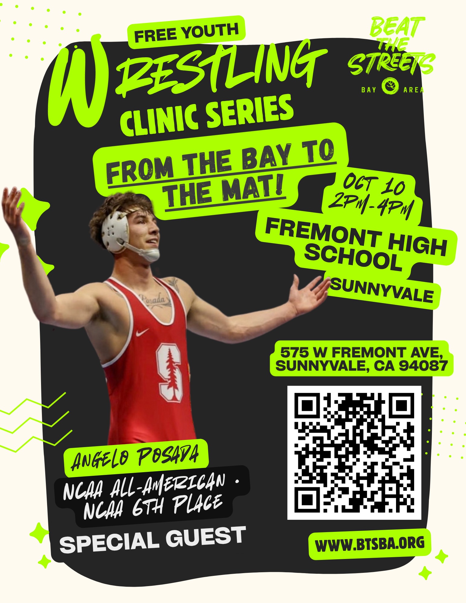 🤼 Sunnyvale, we’re two days away!
Join us for our next From the Bay to the Mat clinic featuring Hunter Garvin and Angelo Posada!
This FREE clinic is open to youth ages 5–18 and gives wrestlers the opportunity to sharpen their technique, compete in drills, and learn from elite athletes on the mat.
📅 Saturday, October 10
⏰ 2:00–4:00 PM
📍 Fremont High School | Sunnyvale, CA
🔥 What to expect:
• Skill-building instruction
• Competitive drills
• Live wrestling
• Fun and learning on the mat
📝 There’s still time to register! Scan the QR code or use the link in our bio to secure your spot.