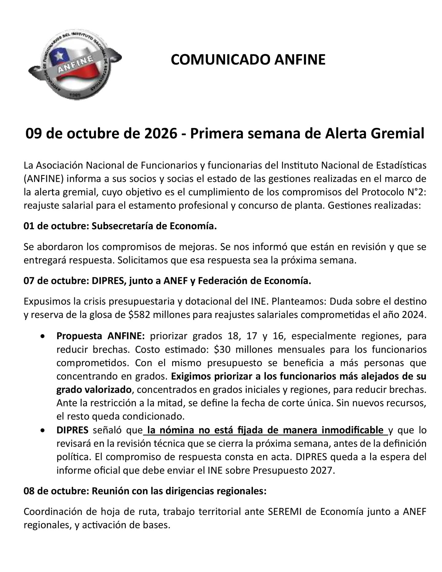 📢🚨DECLARACIÓN PÚBLICA ANFINE
Continúa la ALERTA GREMIAL🚨📢
En nuestra primera semana de alerta gremial y a días del aniversario del INE, sin reajustes salariales. informamos:
Nos reunimos con Economía y DIPRES. Expusimos la crisis de presupuesto y dotación del INE y pedimos claridad sobre los $582MM comprometidos para reajustes salariales.
Presentamos una propuesta técnica para priorizar a quienes están más alejados de su grado, en regiones y grados iniciales, con el mismo presupuesto.
⚠️DIPRES reconoció que la nómina NO está cerrada.
Hoy nos reunimos con la Dirección del INE y exigimos respuesta escrita a más tardar PRÓXIMA SEMANA.
Mantenemos el diálogo y la alerta activa.
@anef_chile
@fedeeconomia
@cutchileoficial
#INE #anef #anfine
DIRECTORIO NACIONAL ANFINE