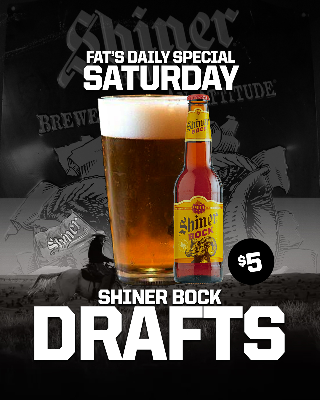 SHINER SATURDAY!!
$5 Shiner Bock Drafts
All Day Saturday!
Other Daily Specials on Shiner Saturday:
$9 - Chili Dog
$8 - Potato Skins or Fried Pickles
$8 - Chips & Queso
Let's GO!!
#mansfieldtx #saturdayvibes #saturday #dailyspecials #beer #shinerbock #shiner #shinerdrafts #chilidogs #PotatoSkins #friedpickles #itsatexasthing #texas #beerlovers #letsgo #fatdaddys