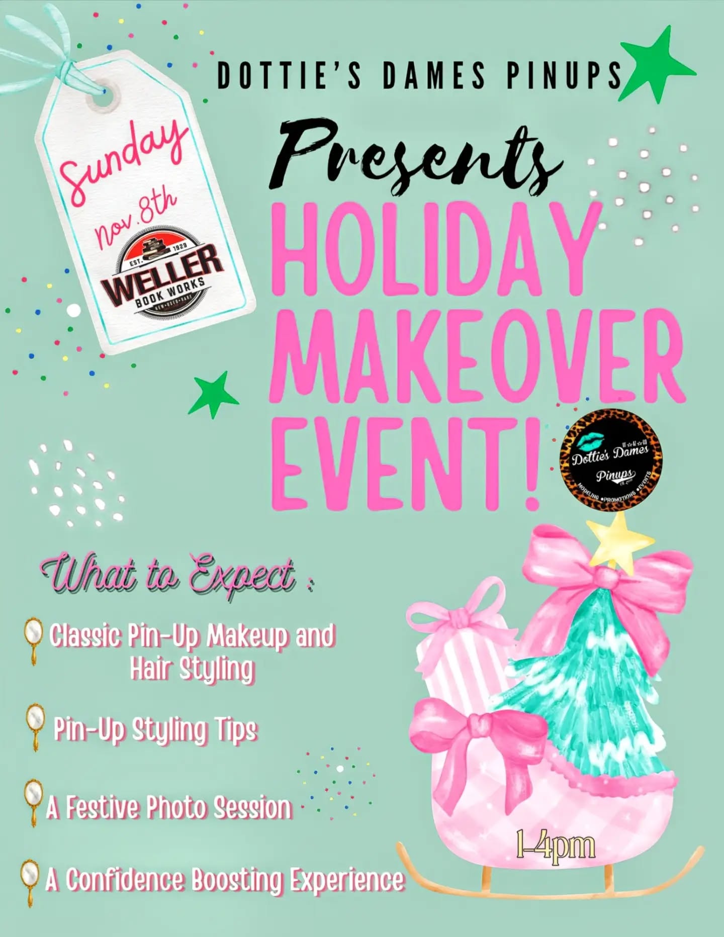 Heads up!!! 🍭☃️🎄
Dottie’s Dames Pinups Presents: Holiday Makeover Event!
Get ready to glam up, darling! Join Dottie’s Dames Pinups for a festive, pin-up-inspired Holiday Makeover Event celebrating vintage beauty, confidence, and holiday magic!
What to Expect:
- 💄 Classic pin-up makeup and hair styling
- 💋 Pin-up styling tips to bring out your inner bombshell
- 📸 A festive holiday photo session
- 🎀 A confidence-boosting experience filled with fun, glamour, and fabulous holiday vibes!
📅 Date: Sunday, November 8, 2026
⏰Front 1-4pm
📍Weller Book Works
💖 Registration Fee:
• $20 per person
• $15 with a canned-good donation! Bring a little extra holiday cheer by contributing canned goods to help those in need.
🎄 Participants must be 18 years or older. Advance registration is required, and SPOTS are limited!
Register here: https://forms.gle/Sbn4HmsNnWoZetSs9
Reserve your spot, grab your favorite red lipstick, and come get dolled up for the holidays! We can’t wait to see you, gorgeous! 💋
Check out the event!!!
https://www.facebook.com/share/1GCELbtJBE/