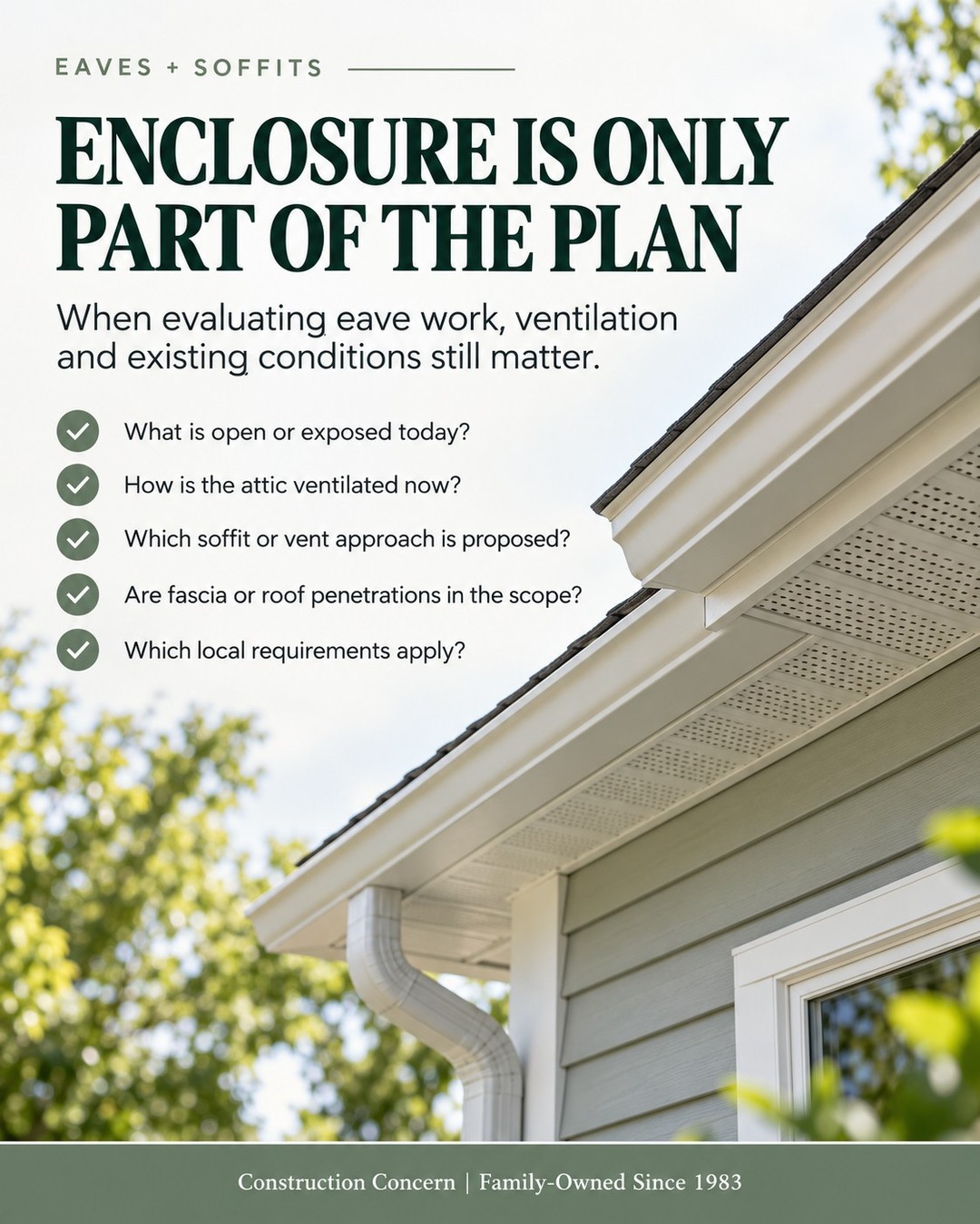 Enclosing eaves is not just a finish decision. When homeowners evaluate eave or soffit work, the conversation should include the home's existing roofline, attic ventilation, soffit or vent approach, penetrations, and applicable local requirements. The right approach depends on the specific home and project scope. Save this if you are evaluating soffit or boxed-eave work. #Soffit #BoxedEaves #LosAngelesHomes #ConstructionConcern