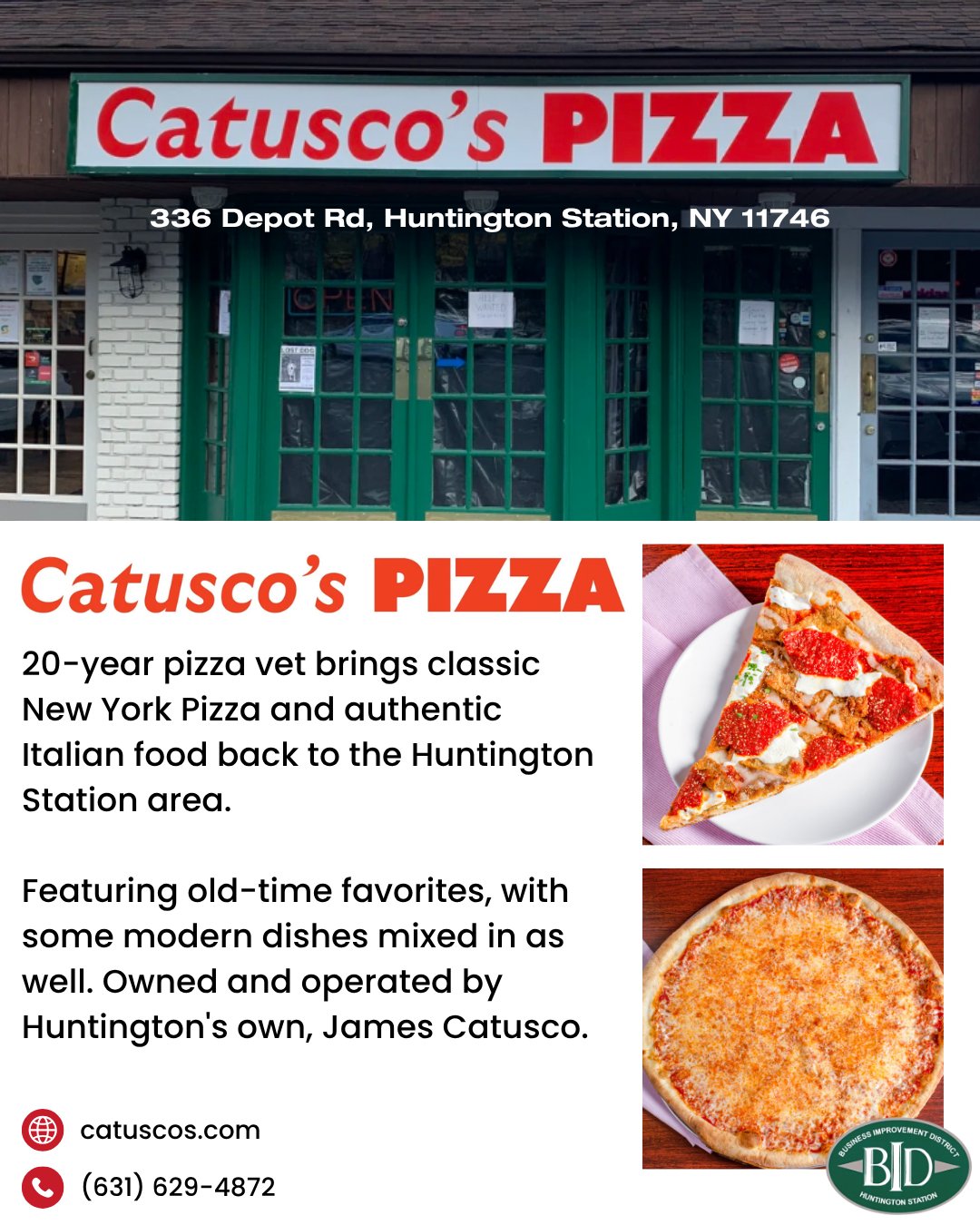 A 20-year pizza vet is bringing classic New York pizza and authentic Italian food back to the Huntington Station area. Catusco's Pizza features old-time favorites with a few modern dishes mixed in, owned and operated by Huntington's own James Catusco.
๐ 336 Depot Rd, Huntington Station, NY 11746
๐ (631) 629-4872