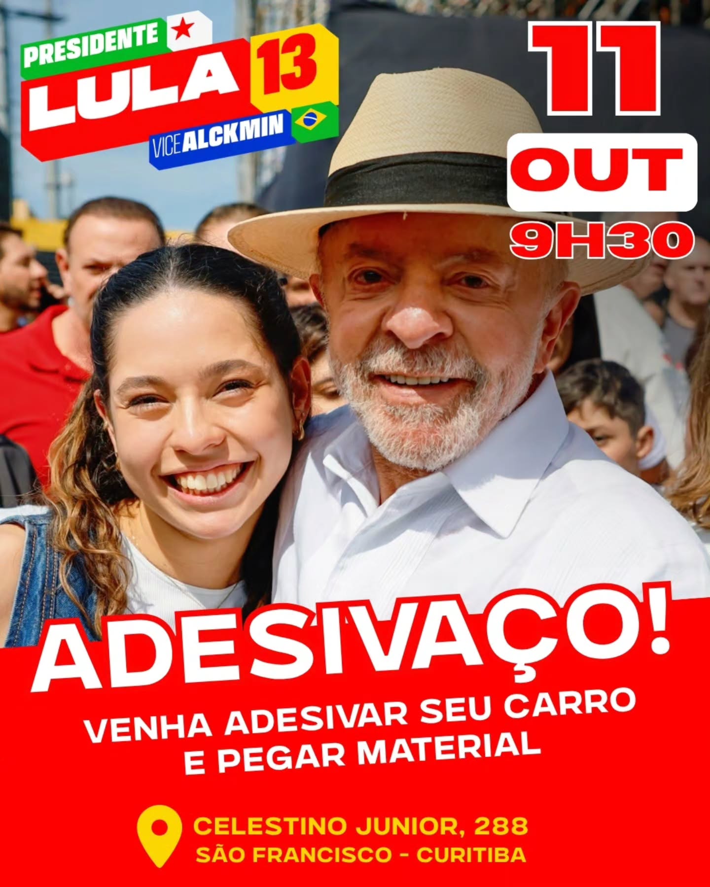 Amanhã é dia de adesivaço pelo presidente Lula!
Neste domingo (11), a partir das 9h30, esperamos vocês em nosso comitê para adesivar os carros, retirar materiais de campanha e ajudar na mobilização para o 2º turno!
📍 Rua Celestino Júnior, 288 – São Francisco, Curitiba.
Traga seu carro, chame os amigos e venha com a gente! ⭐❤️