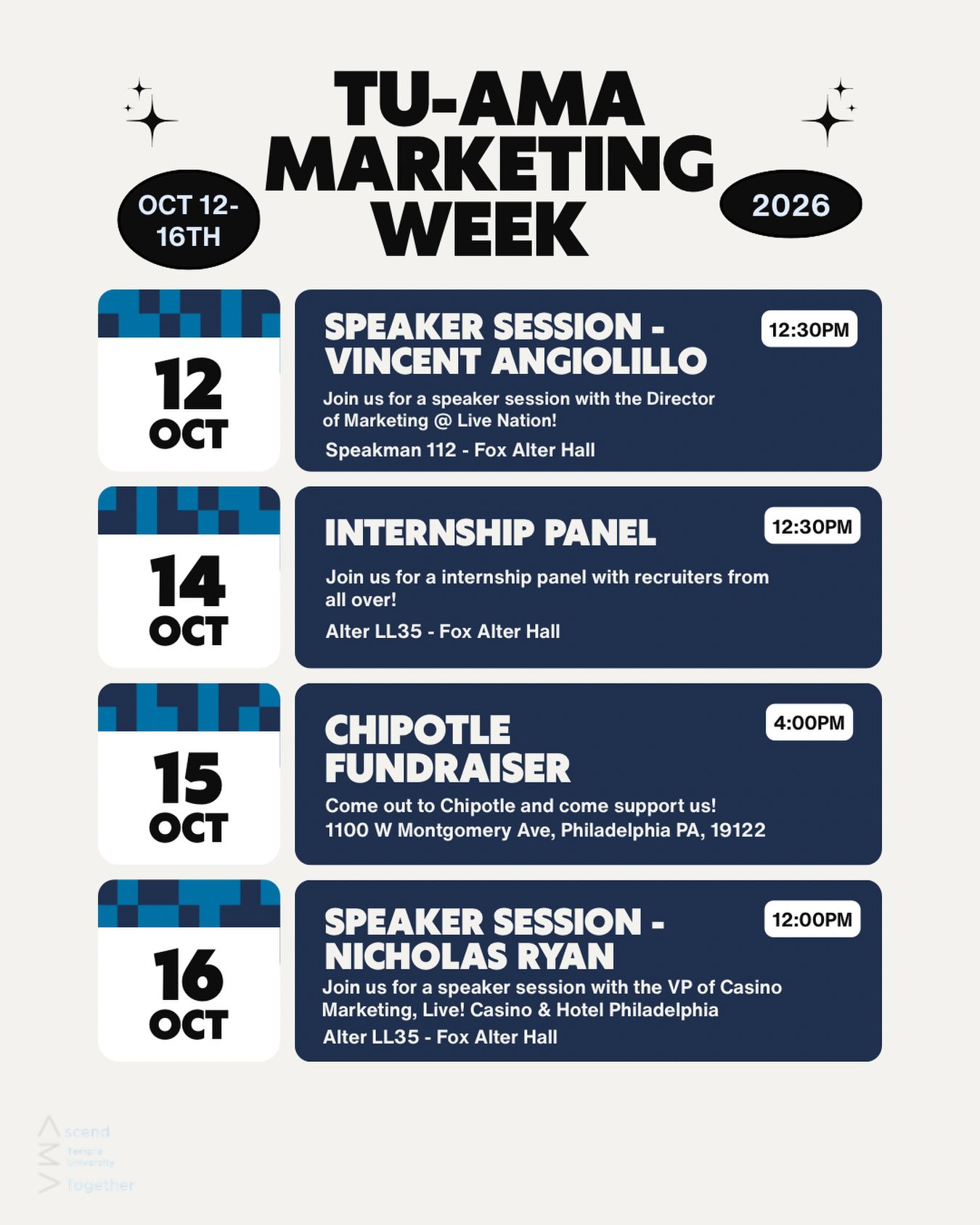 MARKETING WEEK IS HERE! 📈🦉
TU-AMA Marketing Week kicks off October 12th! Join us throughout the week for speaker sessions, an internship panel, and more opportunities to connect, learn, and grow professionally.
We’ve got an exciting lineup planned, so make sure to come out and take advantage of everything Marketing Week has to offer! 🦉
📅 October 12–16