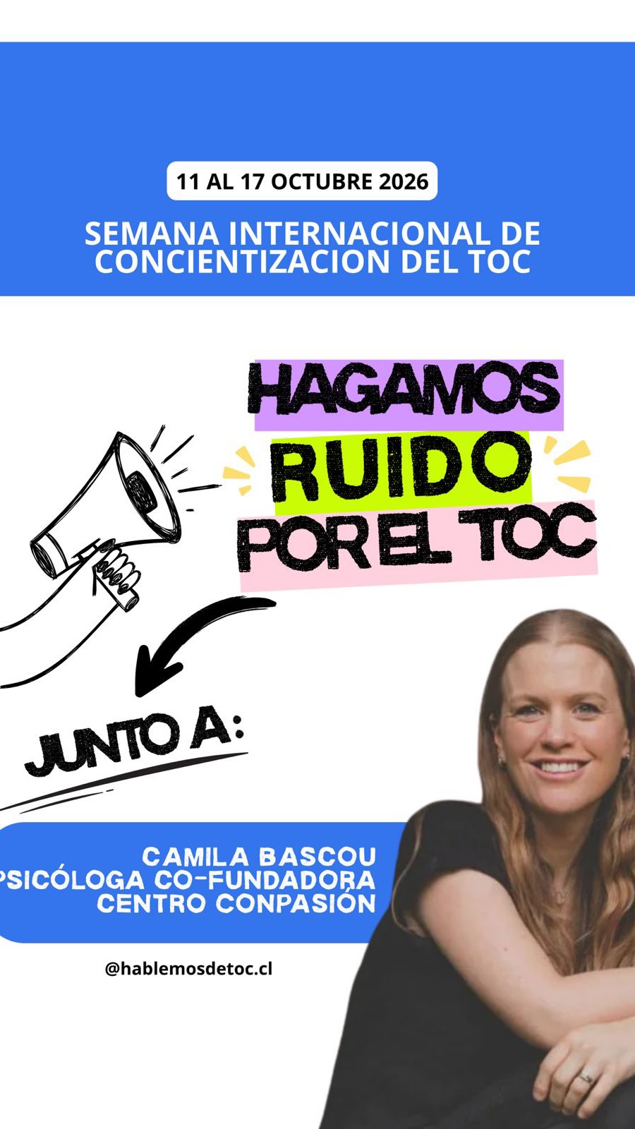 Muchas gracias a Camila Bascou @psicologacamilabascou , por sumarse a la Semana Internacional de Concientización del TOC 2026.
Camila, reconocida psicóloga, se suma a la invitación “hagamos ruido por el TOC” para lograr que esta condición se visibilice, se respete y deje de estar rodeada de tanto prejuicio y estigma.
#toc #ocd #trastornoobsesivocompulsivo #hablemosdetoc #fundaciónhablemosdetoc