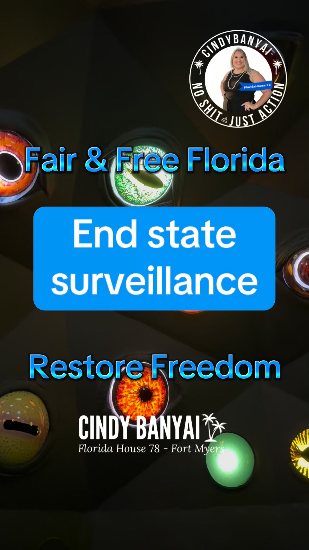We must take a stand against the constant, technology-powered, and AI supported state surveillance. No surveillance without a warrant. That’s what we need for a Fair and Free Florida. Vote for me, Cindy Banyai, to end the surveillance state. #takebacktally #noshit #hd78 #fortmyers #election2026