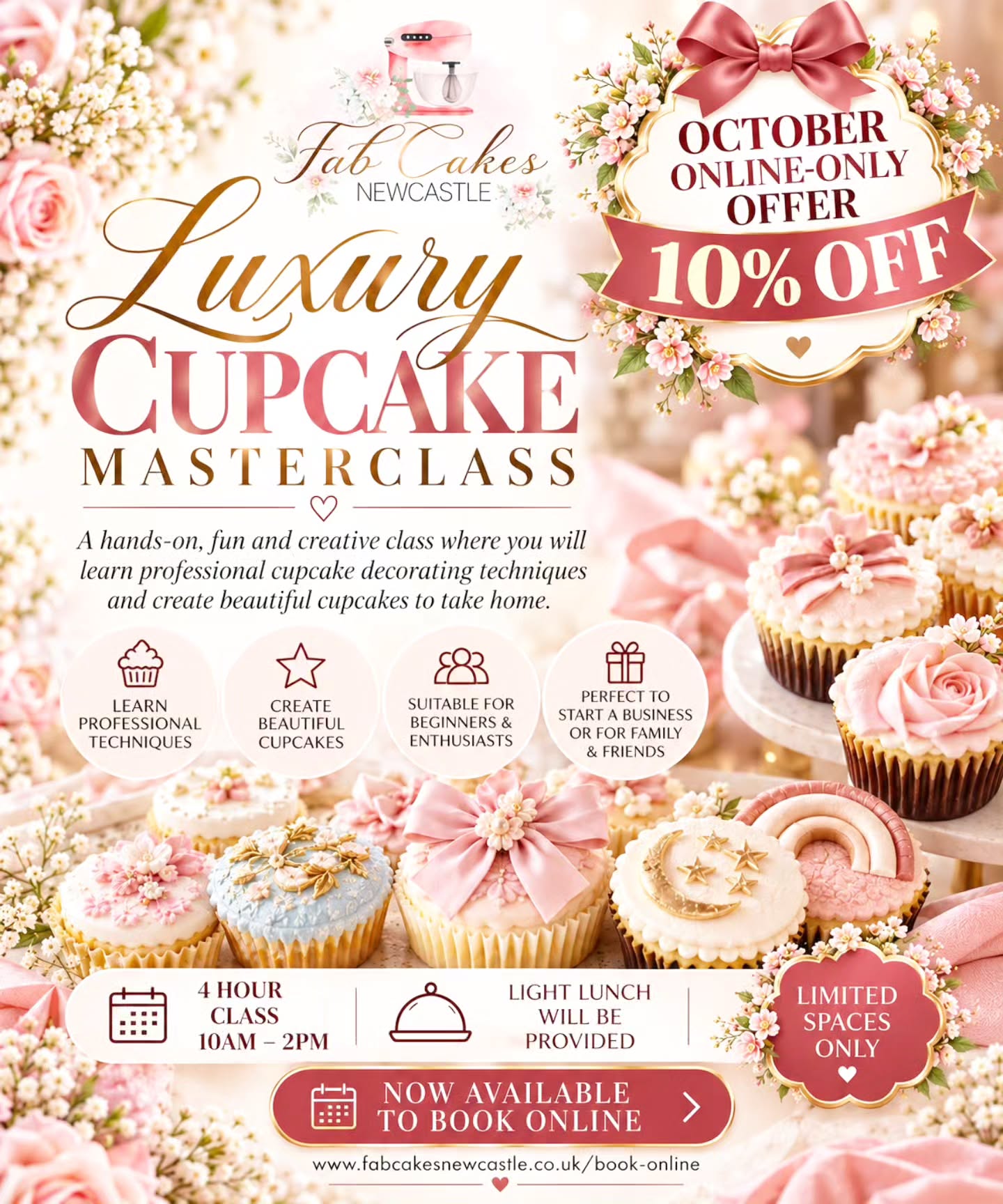πΈπ§ OCTOBER SPECIAL OFFER β 10% OFF! π§πΈ
Join our Luxury Cupcake Masterclass at Fab Cakes Newcastle and learn beautiful cupcake decorating techniques in a fun, creative session! π
π 4-hour class | 10amβ2pm π₯ Light lunch included β¨ Suitable for beginners and cake lovers!
π Book online this October and enjoy 10% OFF!
π² www.fabcakesnewcastle.co.uk/book-online
Limited spaces available. Offer valid until 31st October 2026.
#FabCakesNewcastle #CupcakeMasterclass #OctoberOffer #NewcastleUponTyne