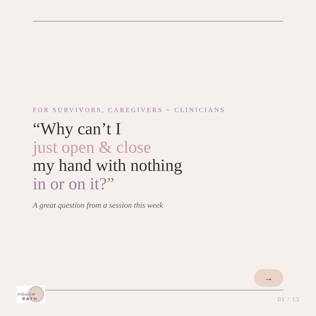 ”Why can’t I just open and close my hand with nothing in or on it?” 🖐️ A survivor asked us this in session, so we drew it out. The brain sends the message down, and the hand reports back. What we put in and on the hand turns up the volume on that reply, and that reply is what drives neuroplasticity. 💜
#StrokeRecovery #HandRehab #NeuroOT #NeuroPT #Neuroplasticity SensorimotorIntegration LeftNeglect NeuroRehab