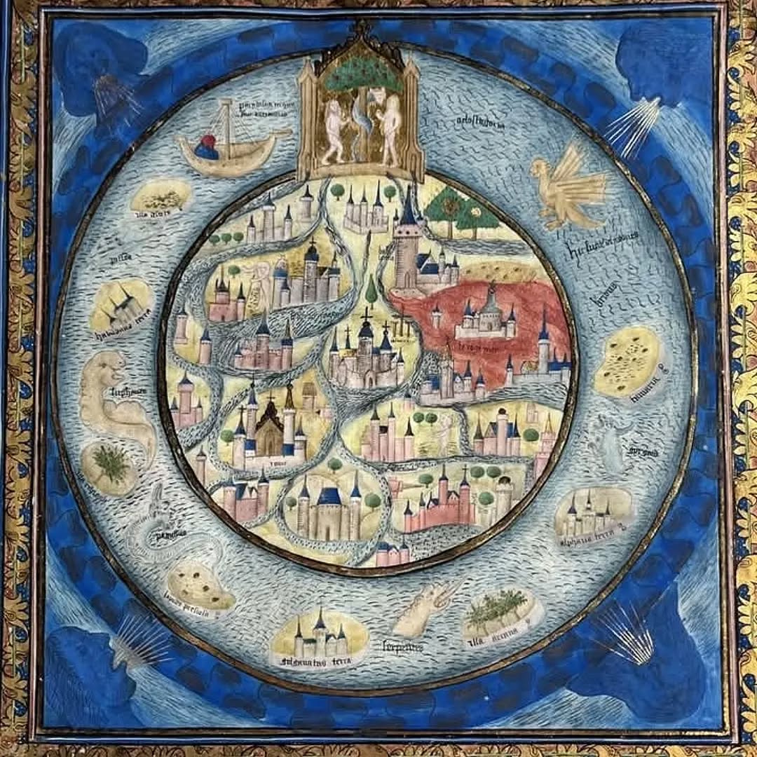 Vision du monde avec cette mappemonde " Hic sunt dracones " désignant des mers inconnues aux profondeurs dangereuses dans Jean Mansel, la Fleur des histoires, avant 1454. Bruxelles, Bibliothèque Royale de Belgique. KRB Ms 9260, f. 11.
#world #medievalmanuscript #medievalart